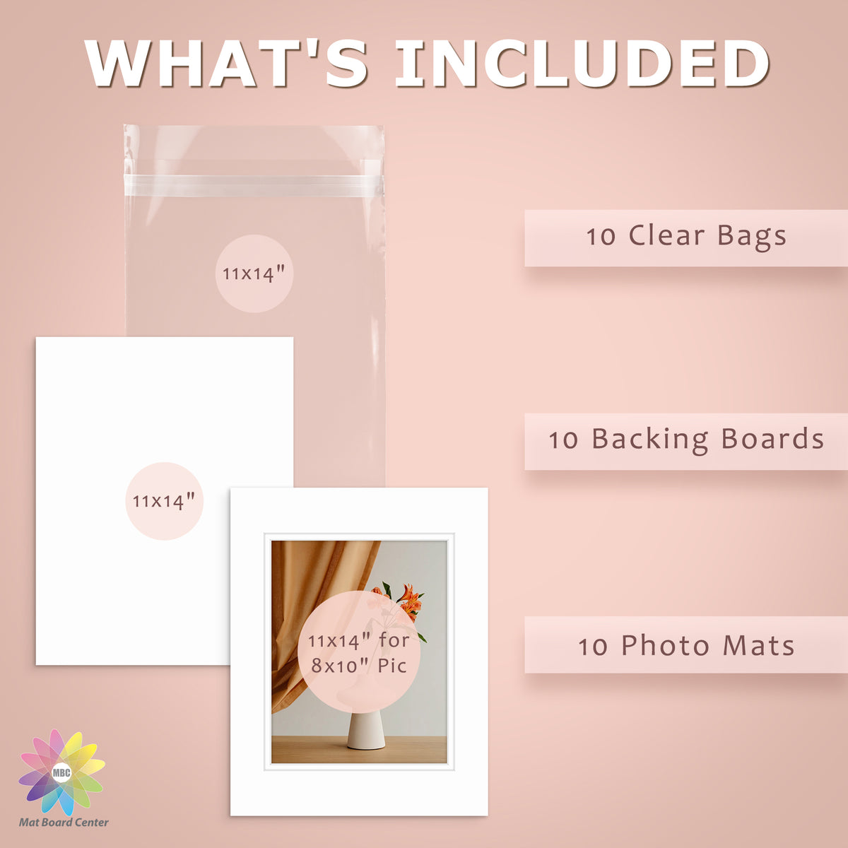10 Pack 11x14 Double Mat For 8x10 Photos + Backing + Bag