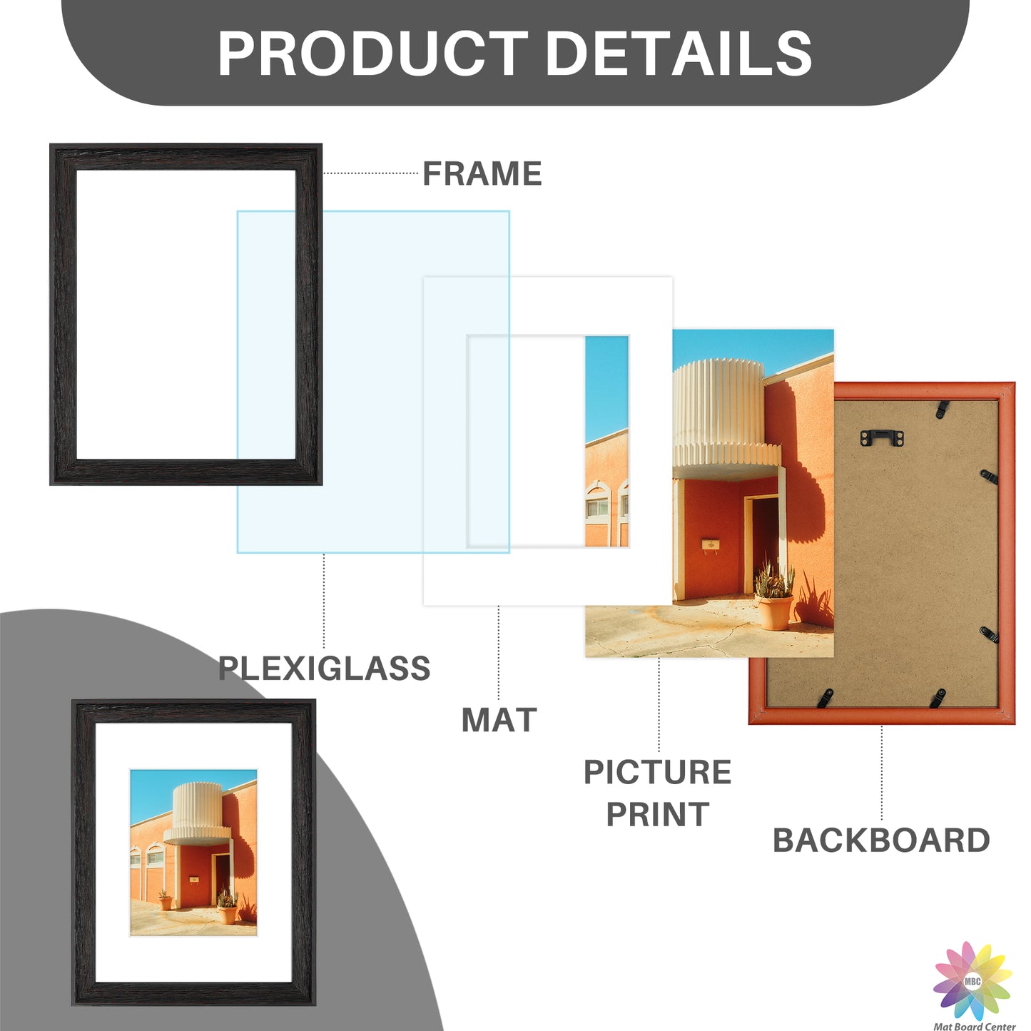9x12 Picture Frame for 6x8 Photo with White Mat and Plexiglass (12 Pcs Per Box)