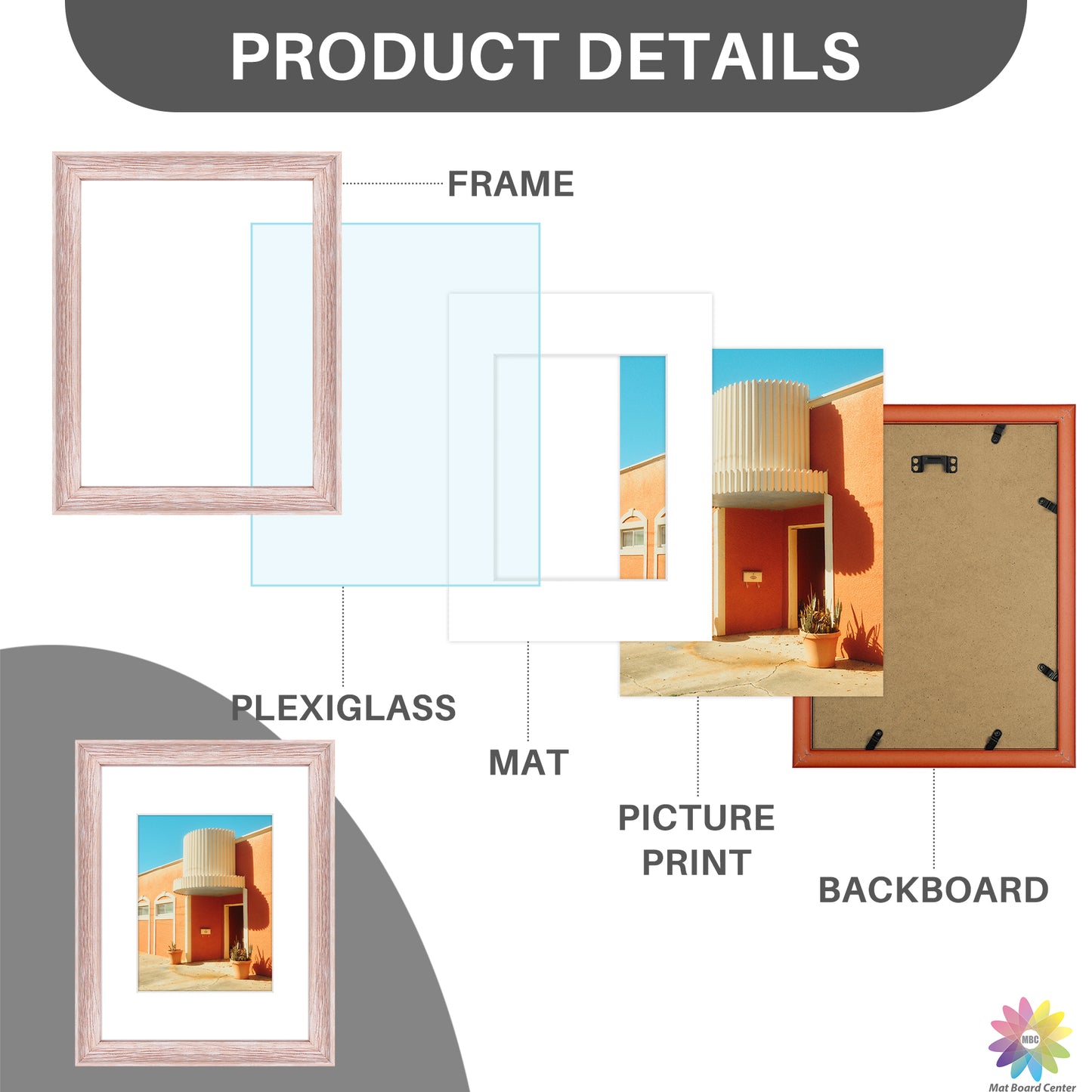 9x12 Picture Frame for 6x8 Photo with White Mat and Plexiglass (12 Pcs Per Box)