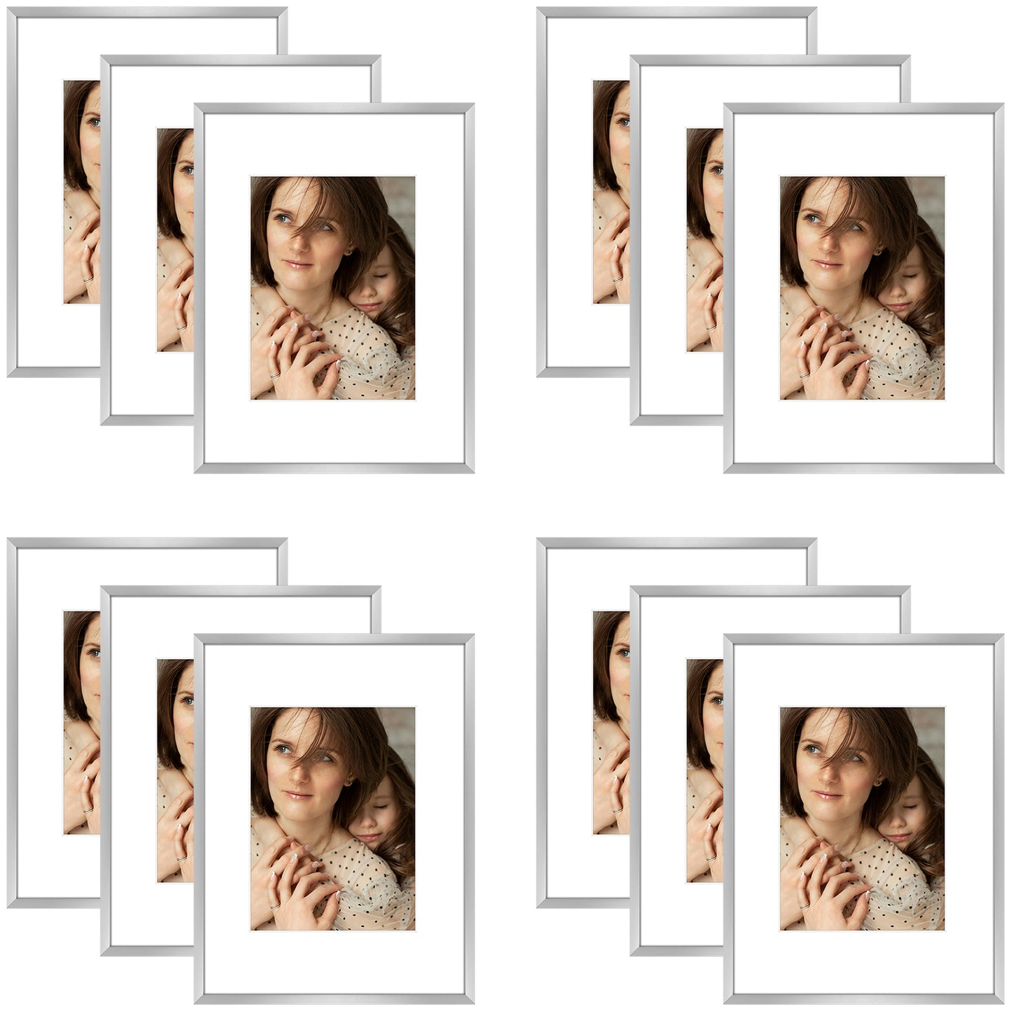 9x12 Metal Picture Frame for 6x8 Photo with White Mat and Real Glass (12 Pcs per Box) Silver