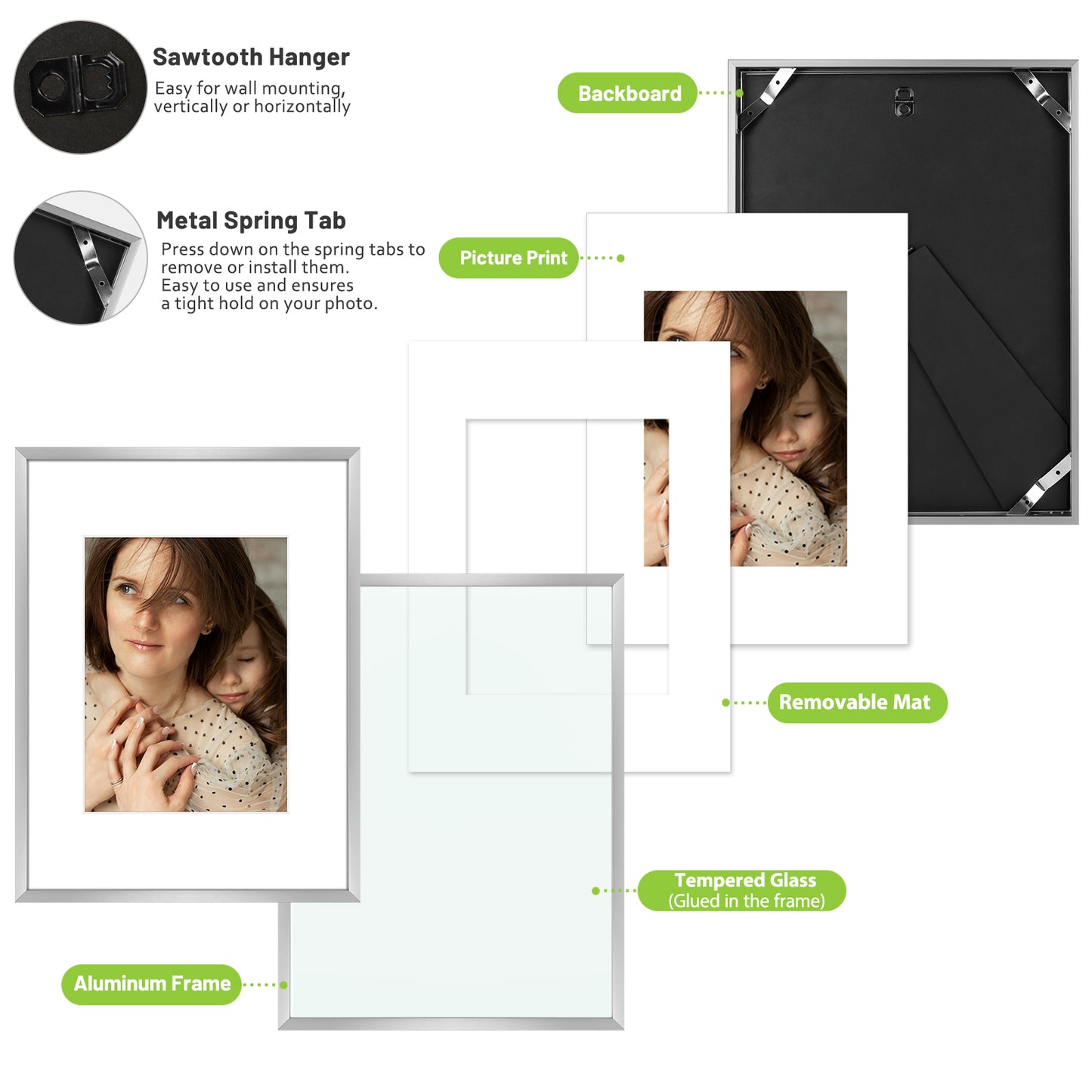 9x12 Metal Picture Frame for 6x8 Photo with White Mat and Real Glass (12 Pcs per Box)