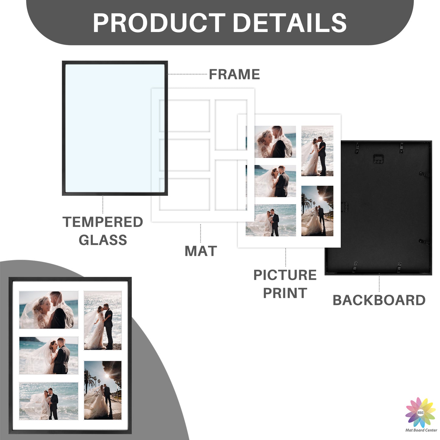 11x14 Collage Picture Frame With White Mat Display Five 4x6 Photo Black (6 Pcs Per Box)