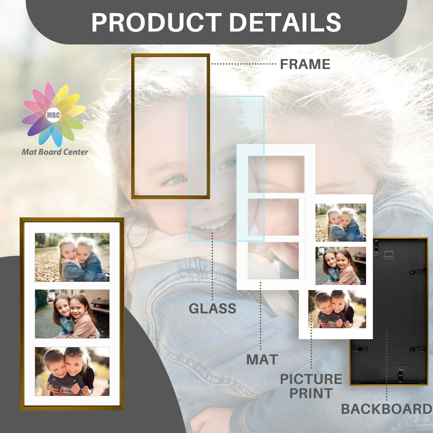 8.5x16.3 Aluminum Collage Picture Frame for Three 5x7 Photos