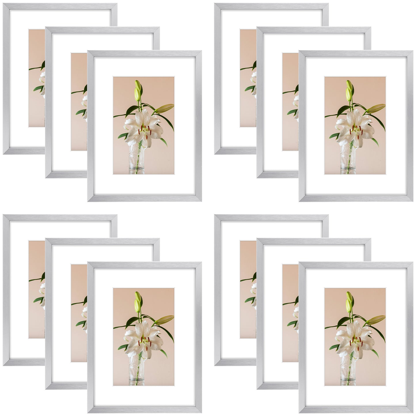 Clearance 6x8 Aluminum Picture Frame Displays 4x6 Photos with White Mat and Real Glass (12 Pcs Per Box) Silver