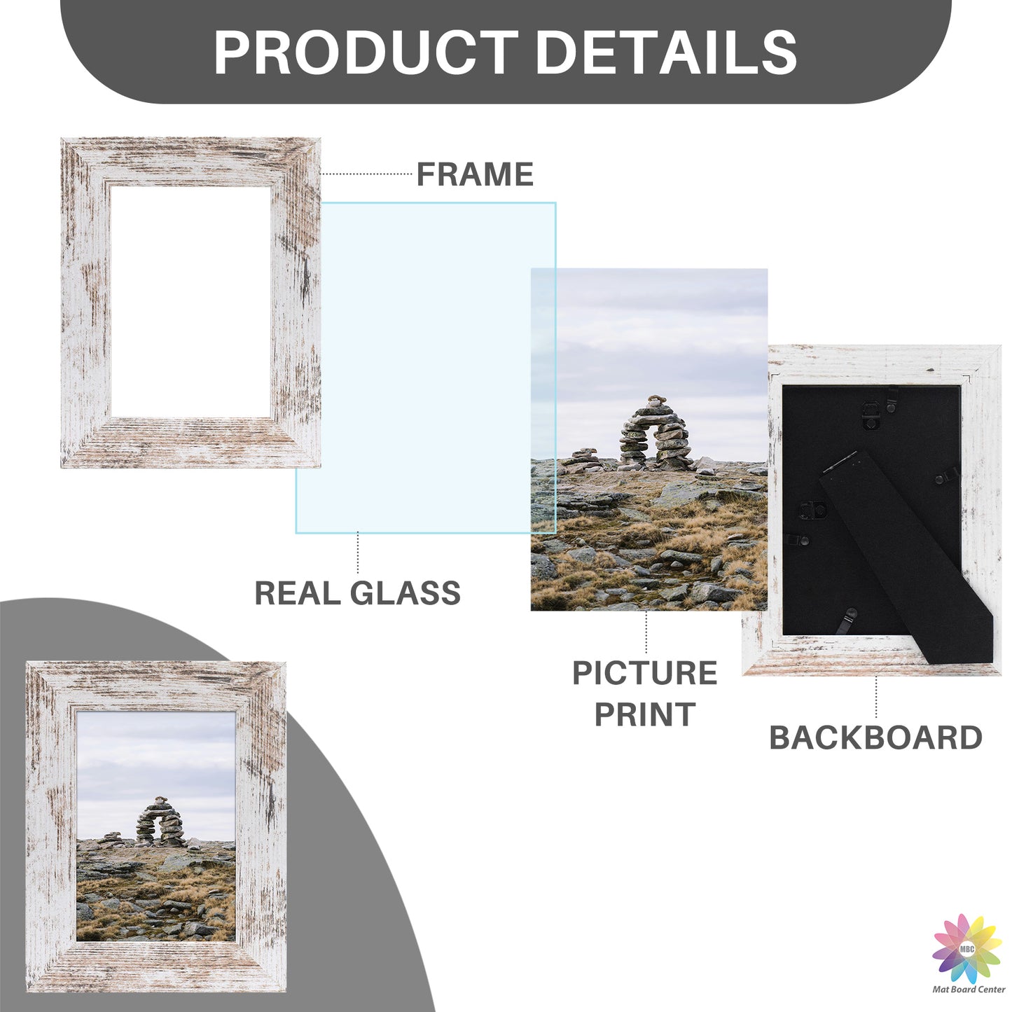 Clearance 5x7 Picture Frame with Real Glass Retro Brown and Distressed White (20 Pcs Per Box)