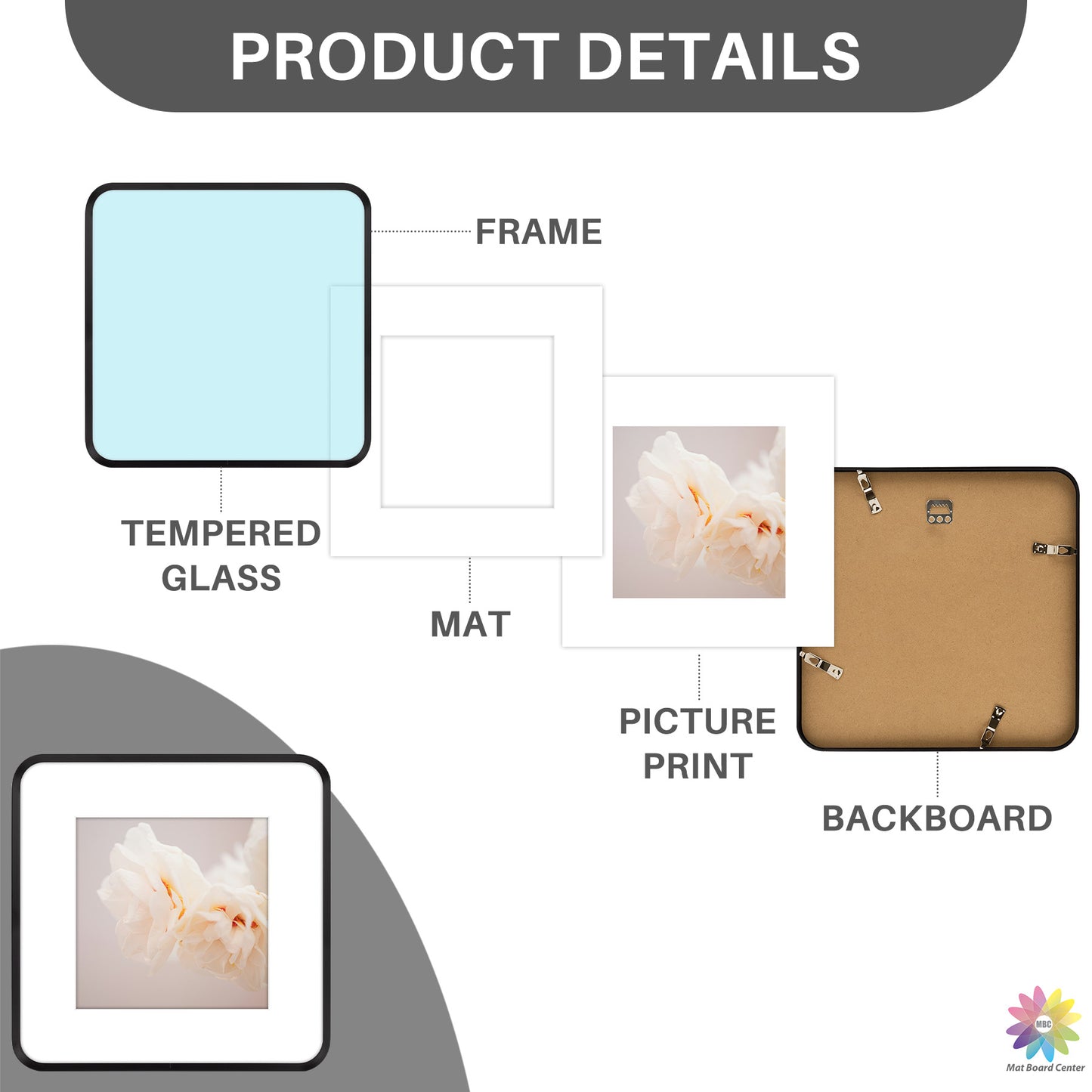 12x12 Round Corner Aluminum Picture Frame with White Mat for 8x8 Picture(6 Pcs Per Box)