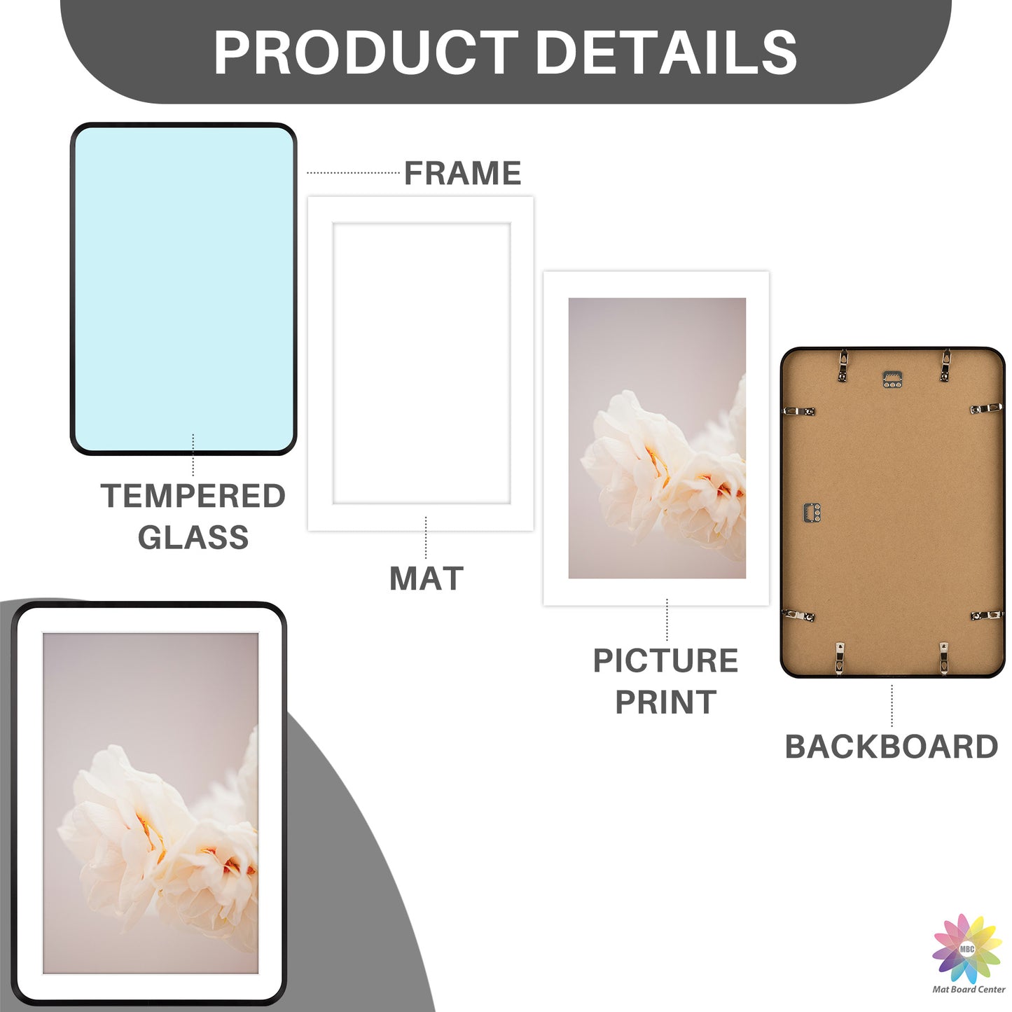 13x19 Round Corner Aluminum Picture Frame with White Mat for 11x17 Picture(6 Pcs Per Box)