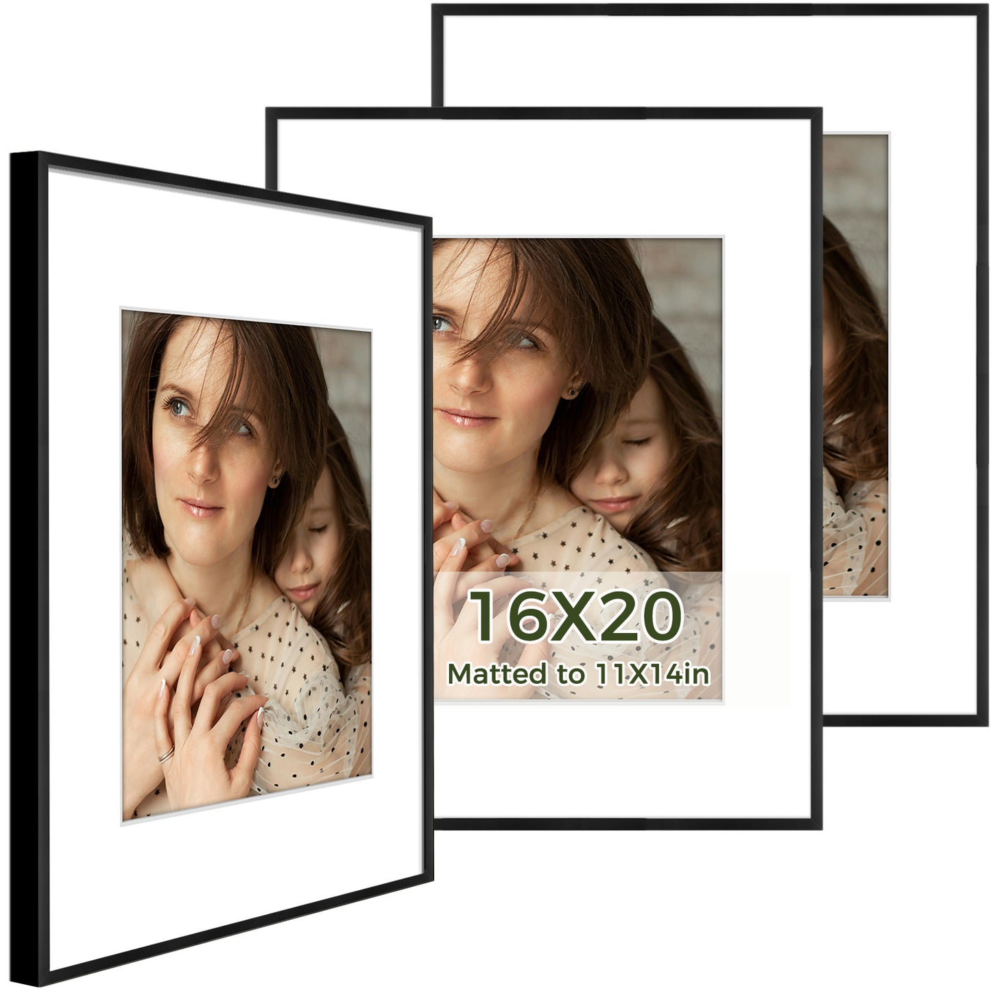 16x20 Metal Picture Frame for 11x14 Picture with White Mat and Real Glass 3 Pack Black