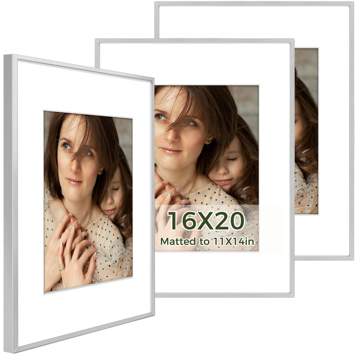 16x20 Metal Picture Frame for 11x14 Picture with White Mat and Real Glass 3 Pack Silver