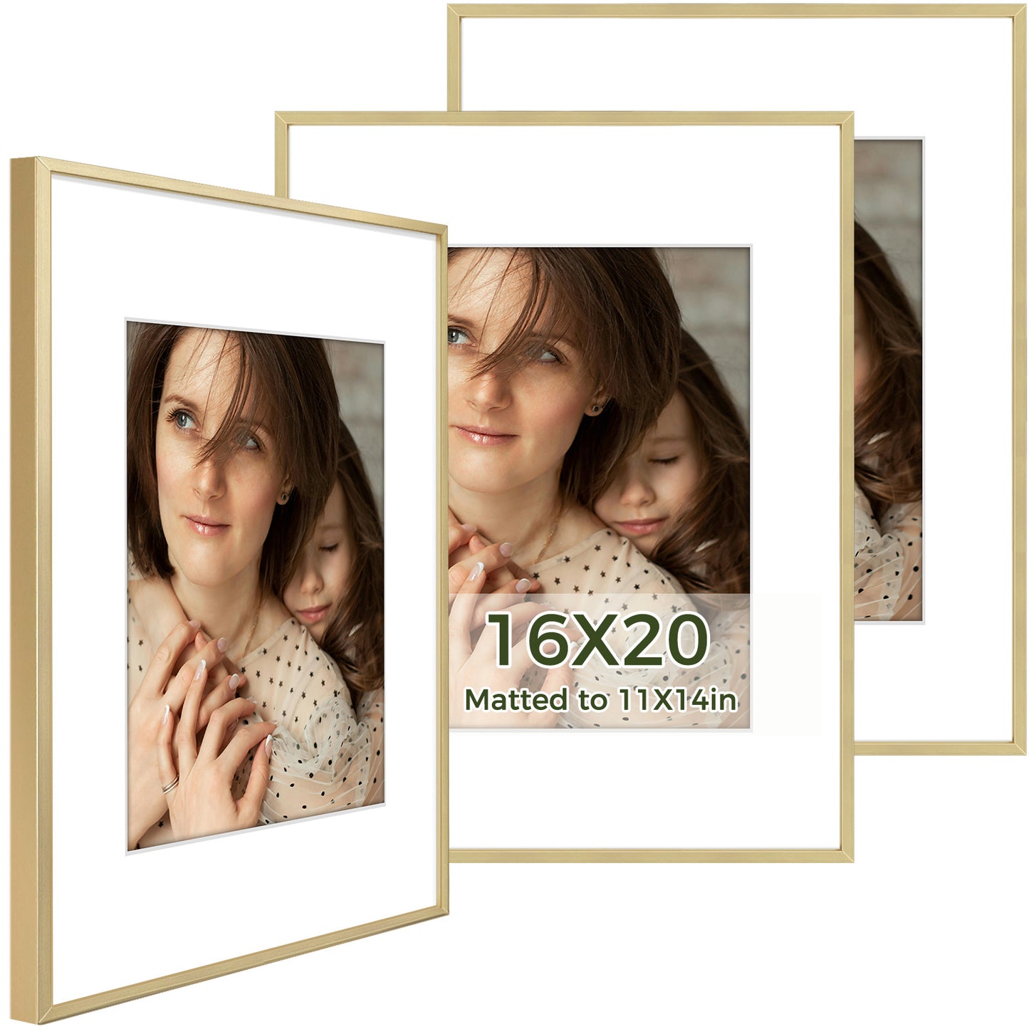 16x20 Metal Picture Frame for 11x14 Picture with White Mat and Real Glass 3 Pack Gold