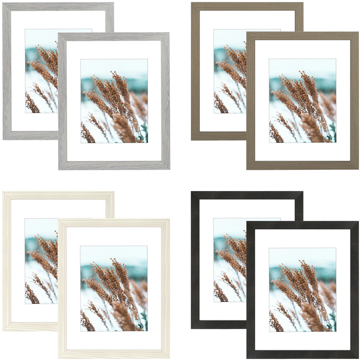 Clearance 11x14 Picture Frame for 8x10 Photo with White Mat and Plexiglass (8 Pcs Per Box) Mix 4 Colors (Black, Oak, Grey, Dark Oak)