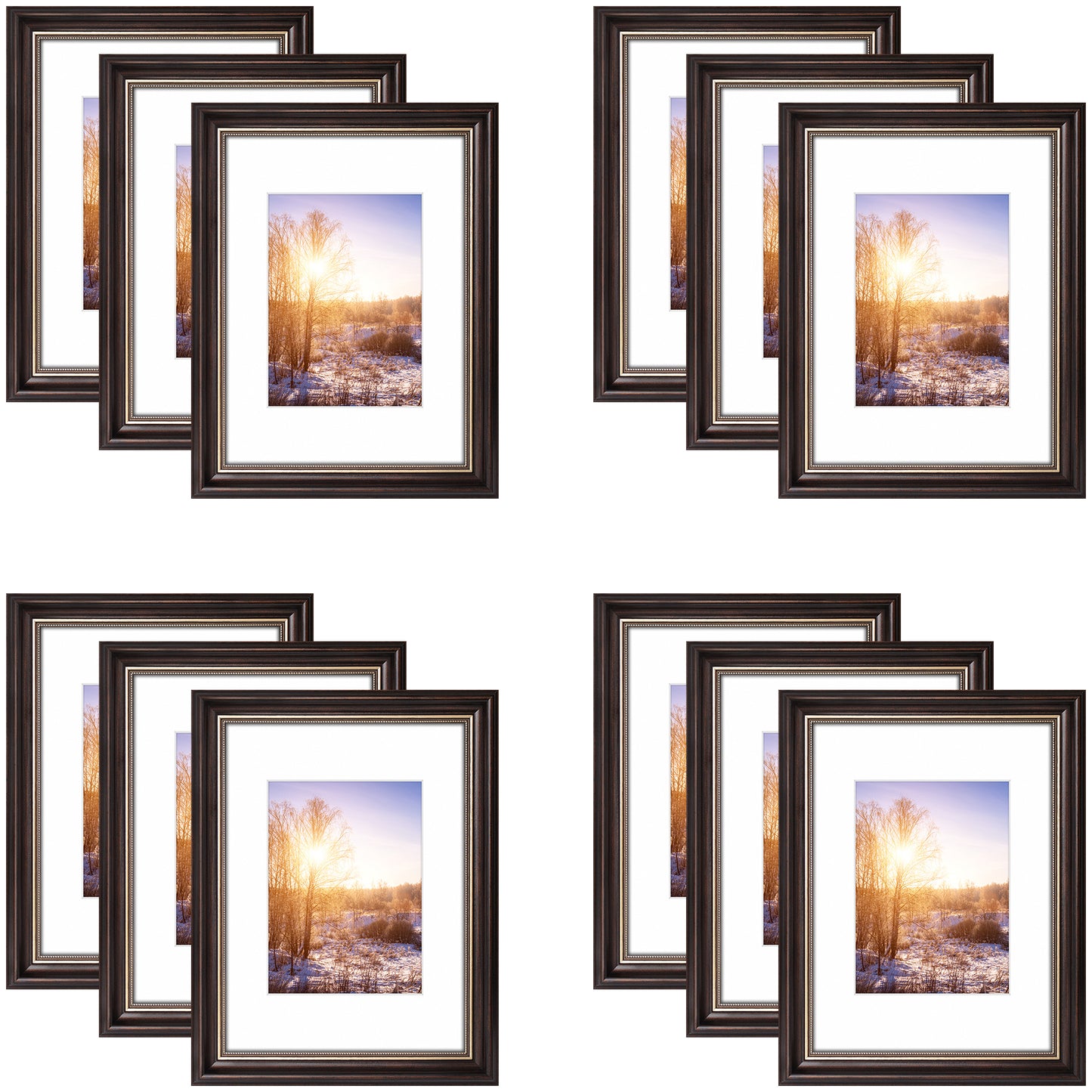 9x12 Ornate Picture Frame with White Mat for 6x8 Photo Brown and Ornate Gold Color (12 Pcs per Box)