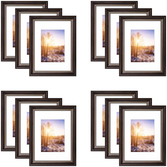 9x12 Ornate Picture Frame with White Mat for 6x8 Photo Brown and Ornate Gold Color (12 Pcs per Box)