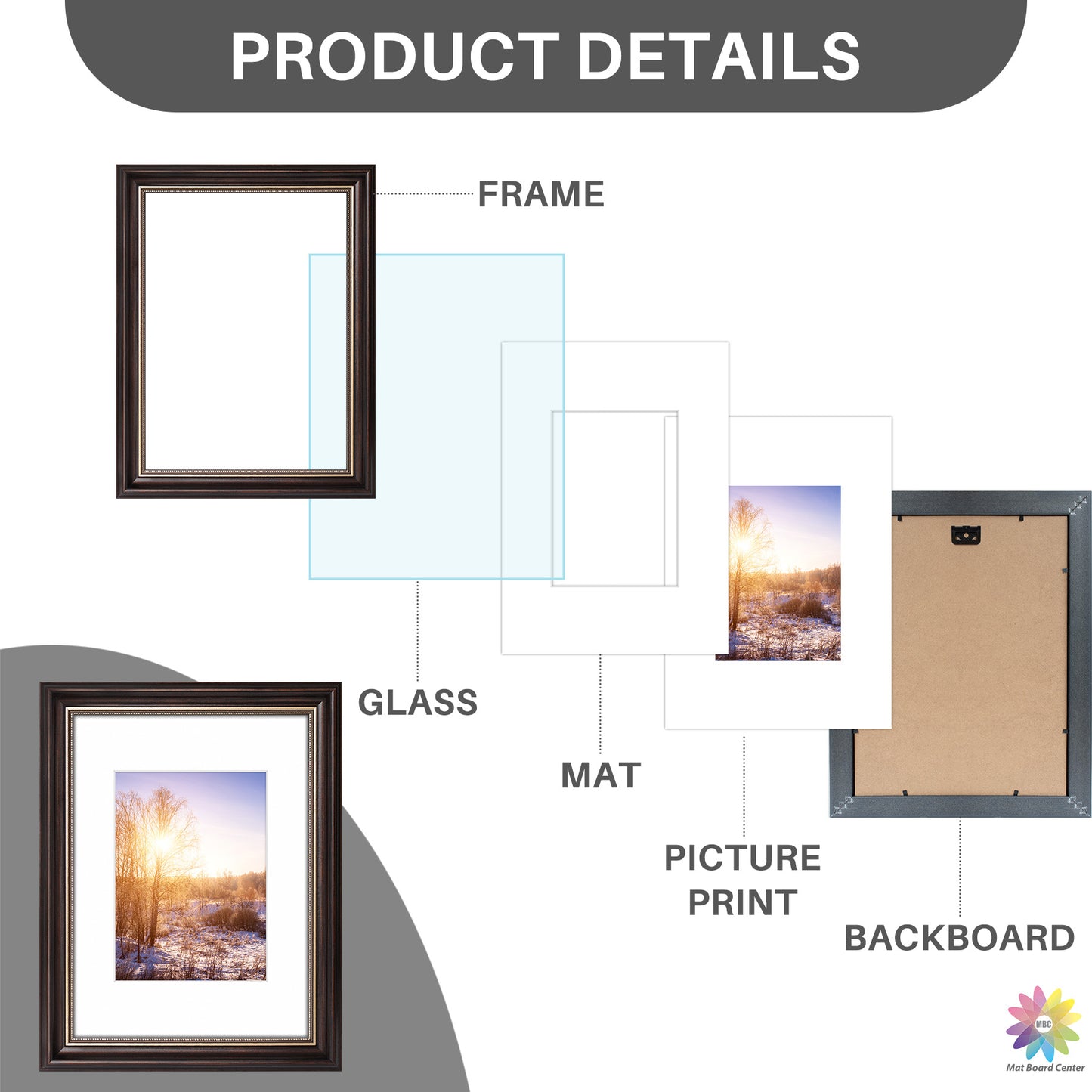 9x12 Ornate Picture Frame with White Mat for 6x8 Photo Brown and Ornate Gold Color (12 Pcs per Box)