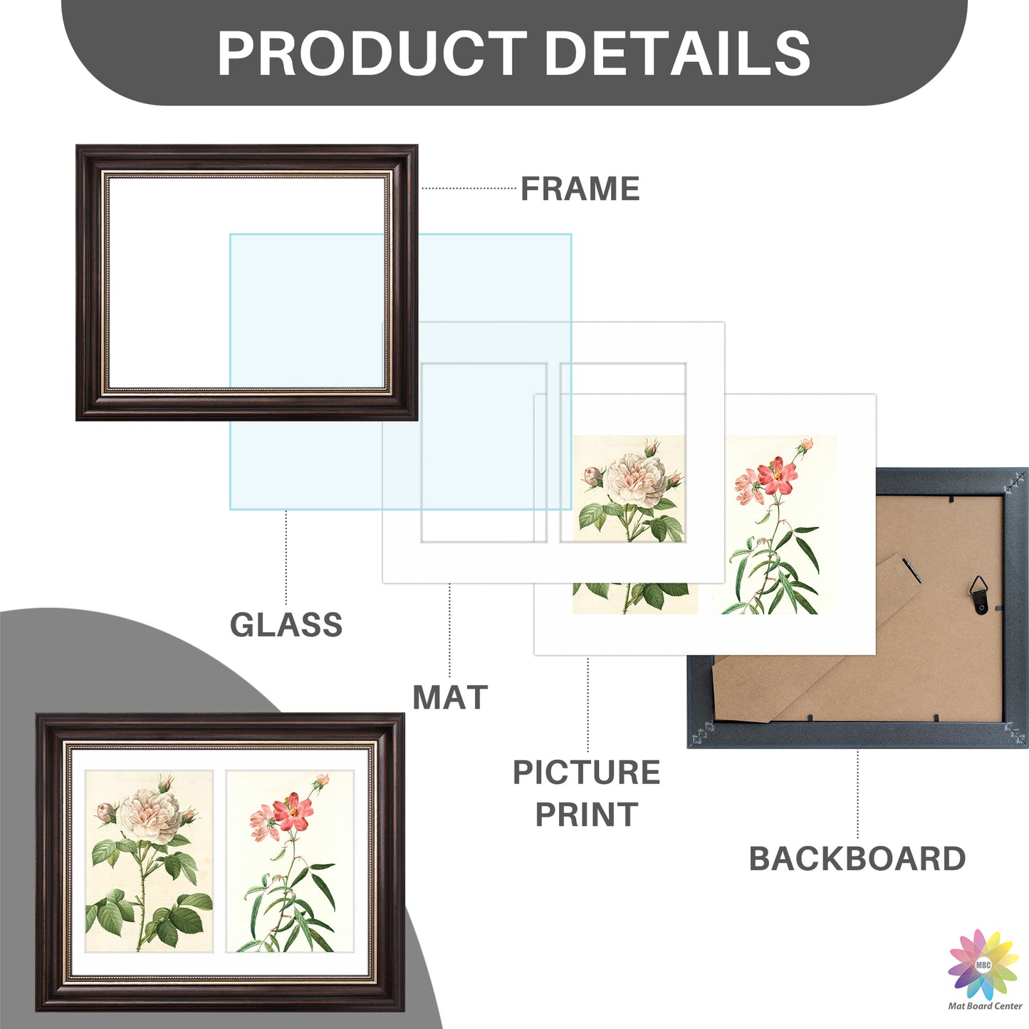 8.5x11 Collage Picture Frame with White Mat for Two 5x7 Photos Brown and Ornate Gold Color (10 Pcs per Box)