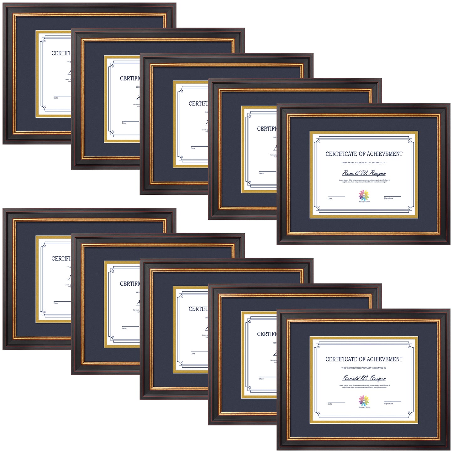 11x14 Diploma Frame for 8x10 Certificate with Double Mat and Real Glass Black Gold & Burgundy Color (10 Pcs per Box) Navy Blue over Gold Mat