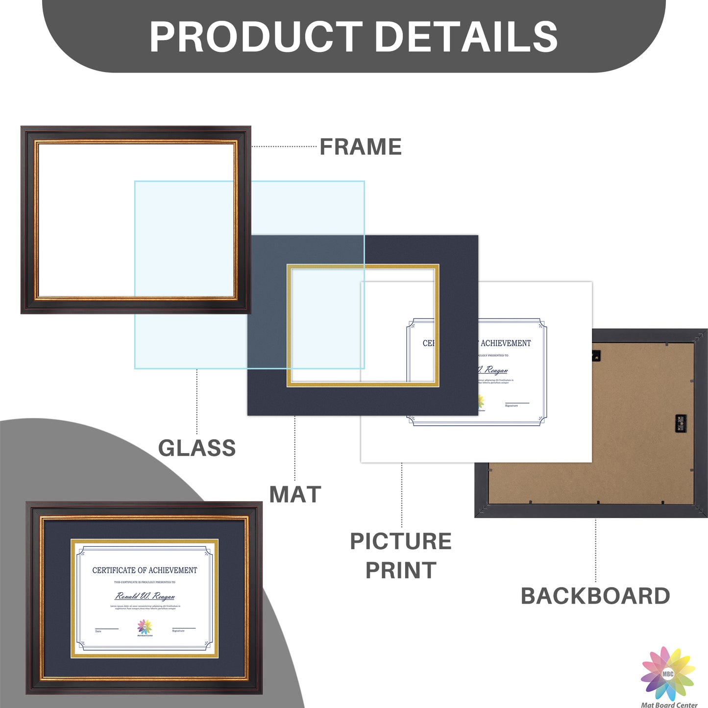 11x14 Diploma Frame for 8x10 Certificate with Double Mat and Real Glass Black Gold & Burgundy Color (10 Pcs per Box)