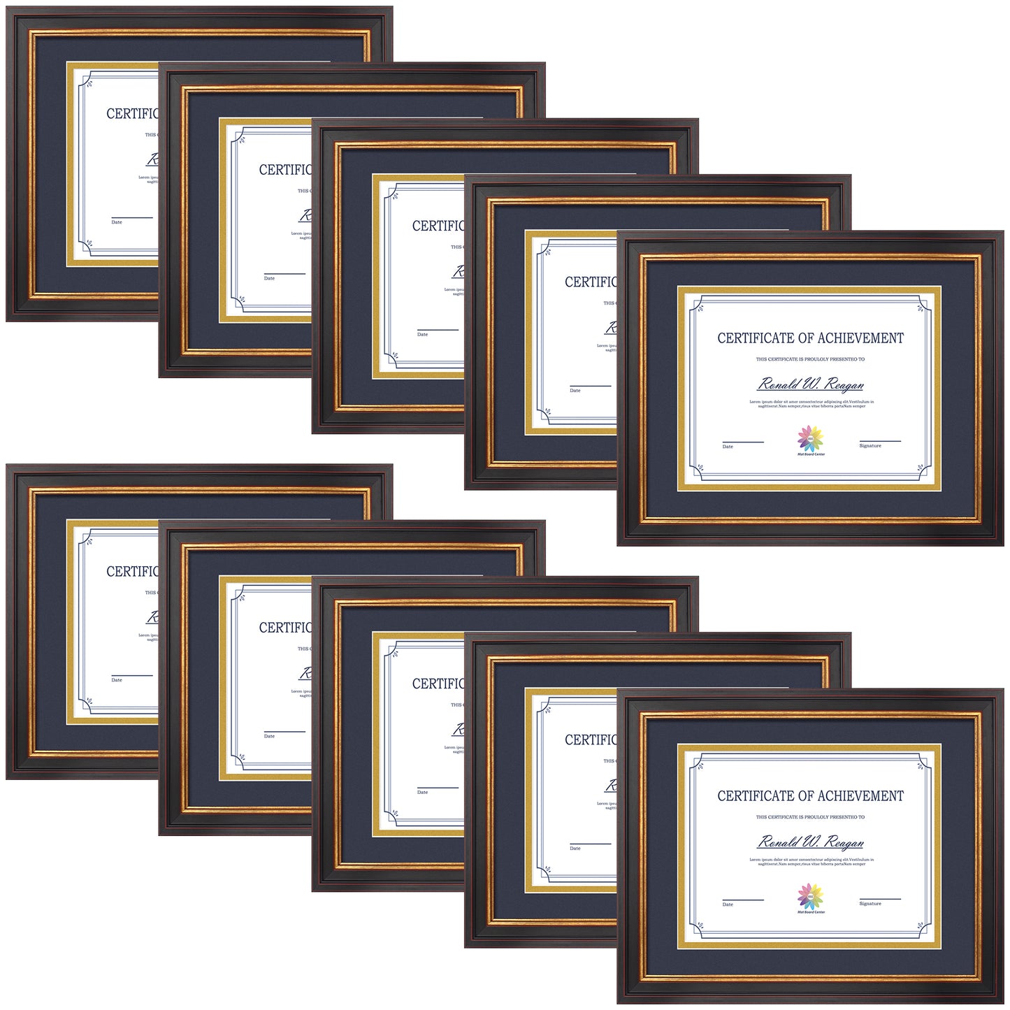 11x14 Diploma Frame for 8.5x11 Certificate with Double Mat and Real Glass Black Gold & Burgundy Color 10 Pack Navy Blue over Gold Mat