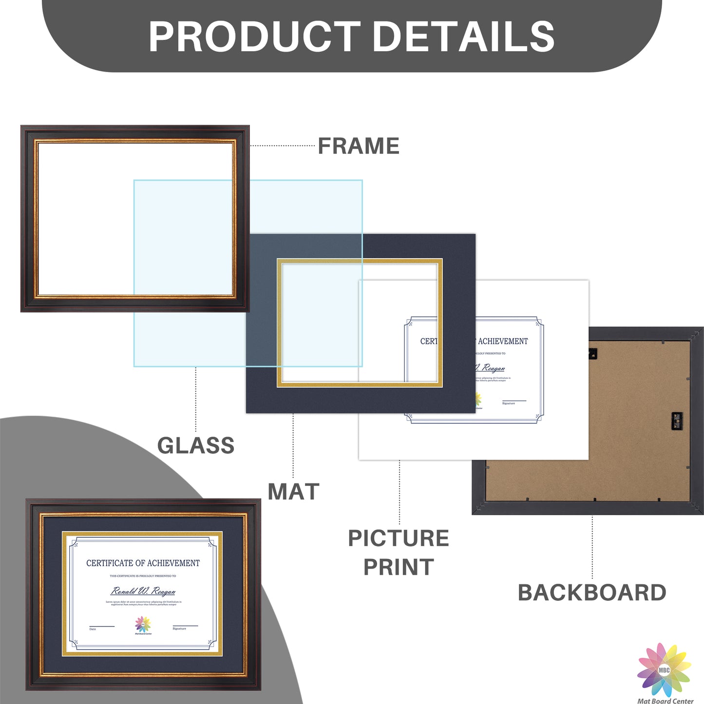 11x14 Diploma Frame for 8.5x11 Certificate with Double Mat and Real Glass Black Gold & Burgundy Color