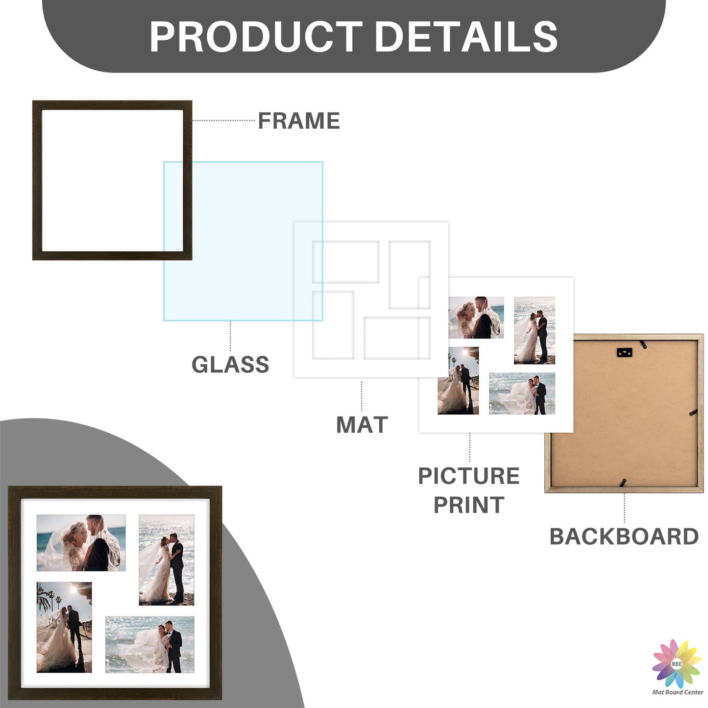 Clearance 12x12 Collage Picture Frame For Four 4x6 Pictures With White Mat and Real Glass Rustic Brown (9 Pcs Per Box)