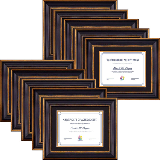 11x14 Diploma Frame with Black Over Gold Double Mat for 8.5x11 Certificate Ornate Gold/Black Color (10 Pcs per Box)
