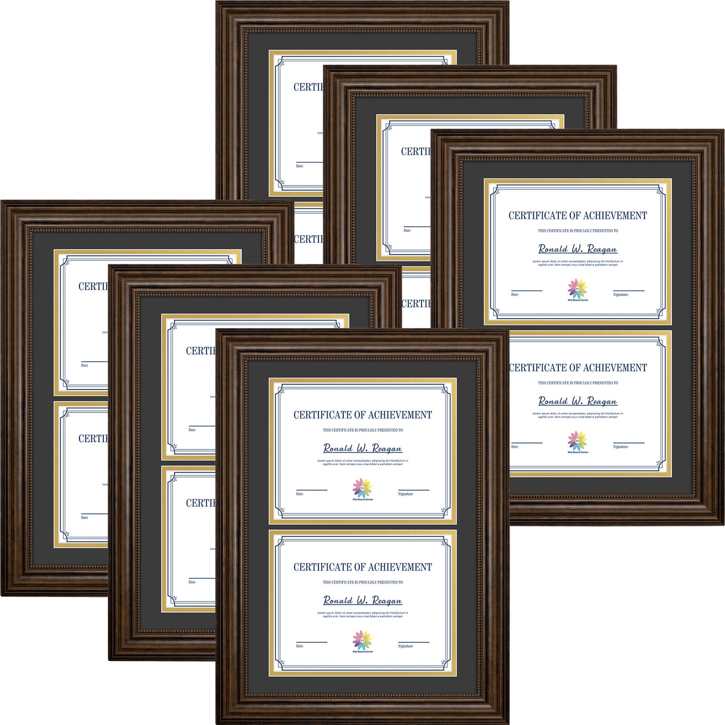 14x20 Diploma Frame for Two 8.5x11 Certificates with Black Over Gold Double Mat Brown Color (6 Pcs per Box)
