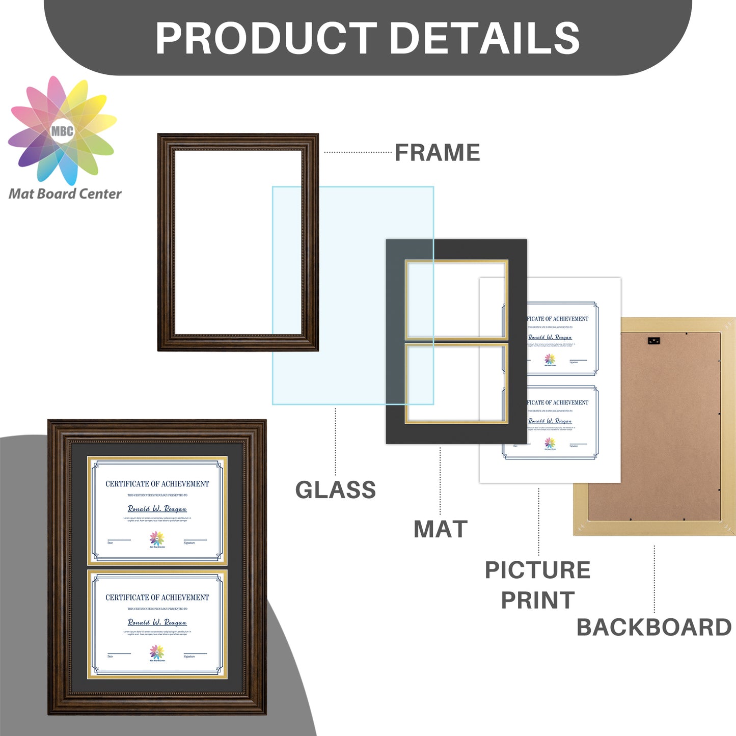 14x20 Diploma Frame for Two 8.5x11 Certificates with Black Over Gold Double Mat Brown Color (6 Pcs per Box)