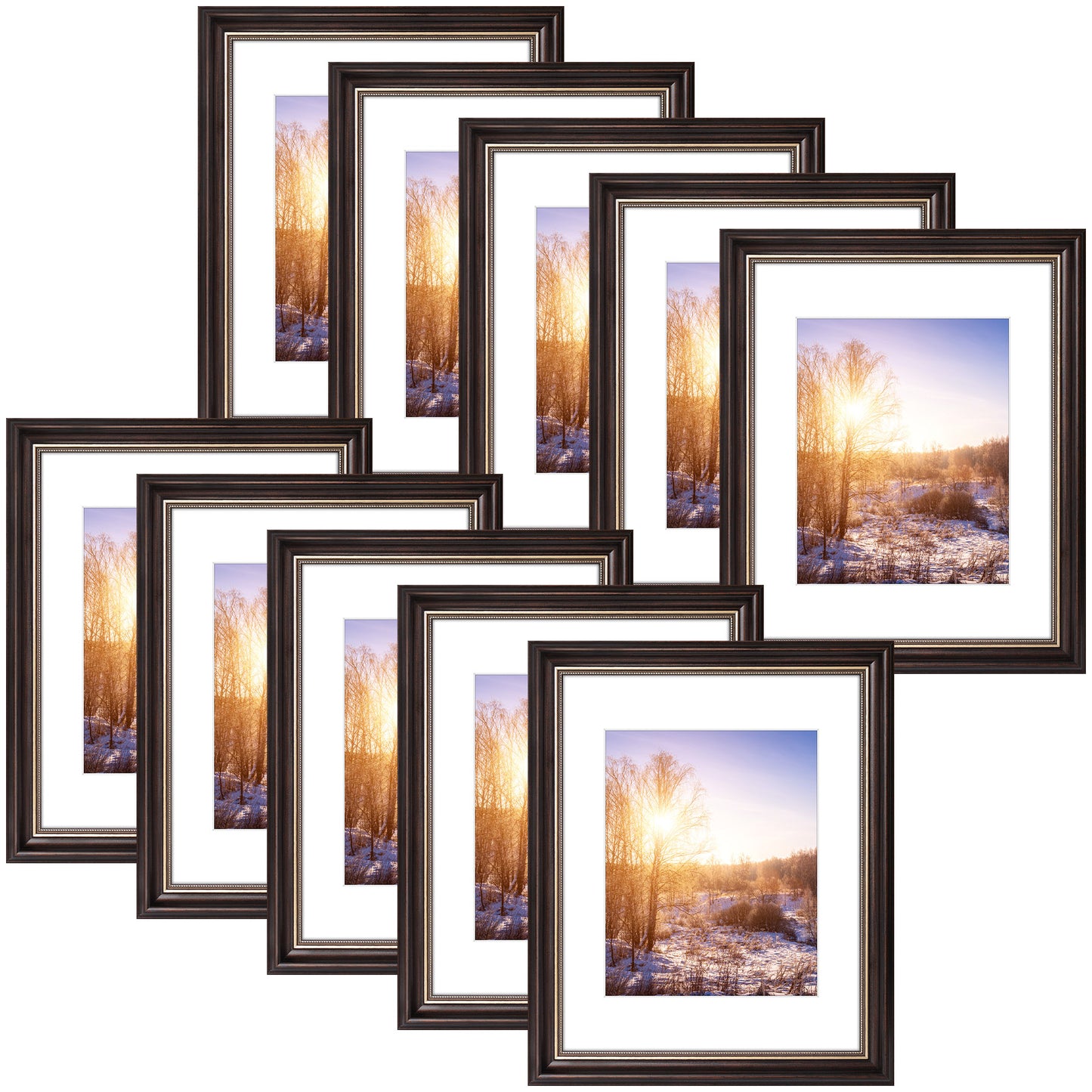 11x14 Ornate Picture Frame with White Mat for 8x10 Photo Brown and Ornate Gold Color (10 Pcs per Box)