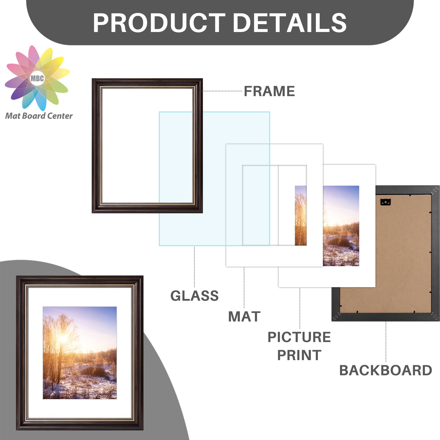 11x14 Ornate Picture Frame with White Mat for 8x10 Photo Brown and Ornate Gold Color (10 Pcs per Box)