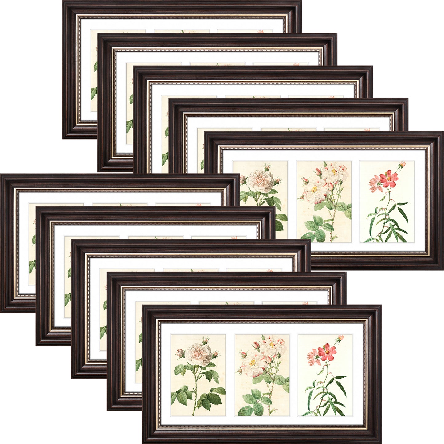 7x14 Collage Picture Frame with White Mat for Three 4x6 Photos Brown and Ornate Gold Color (10 Pcs per Box)