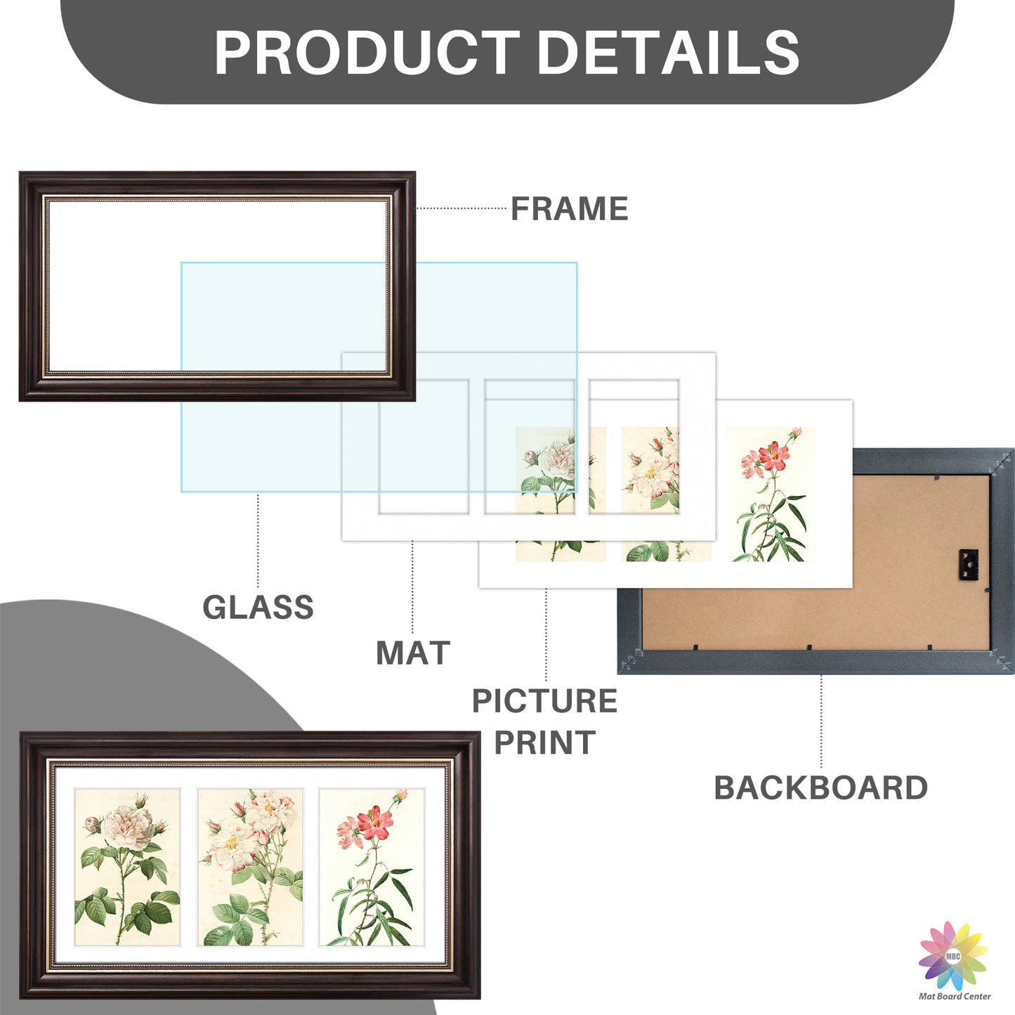 7x14 Collage Picture Frame with White Mat for Three 4x6 Photos Brown and Ornate Gold Color (10 Pcs per Box)