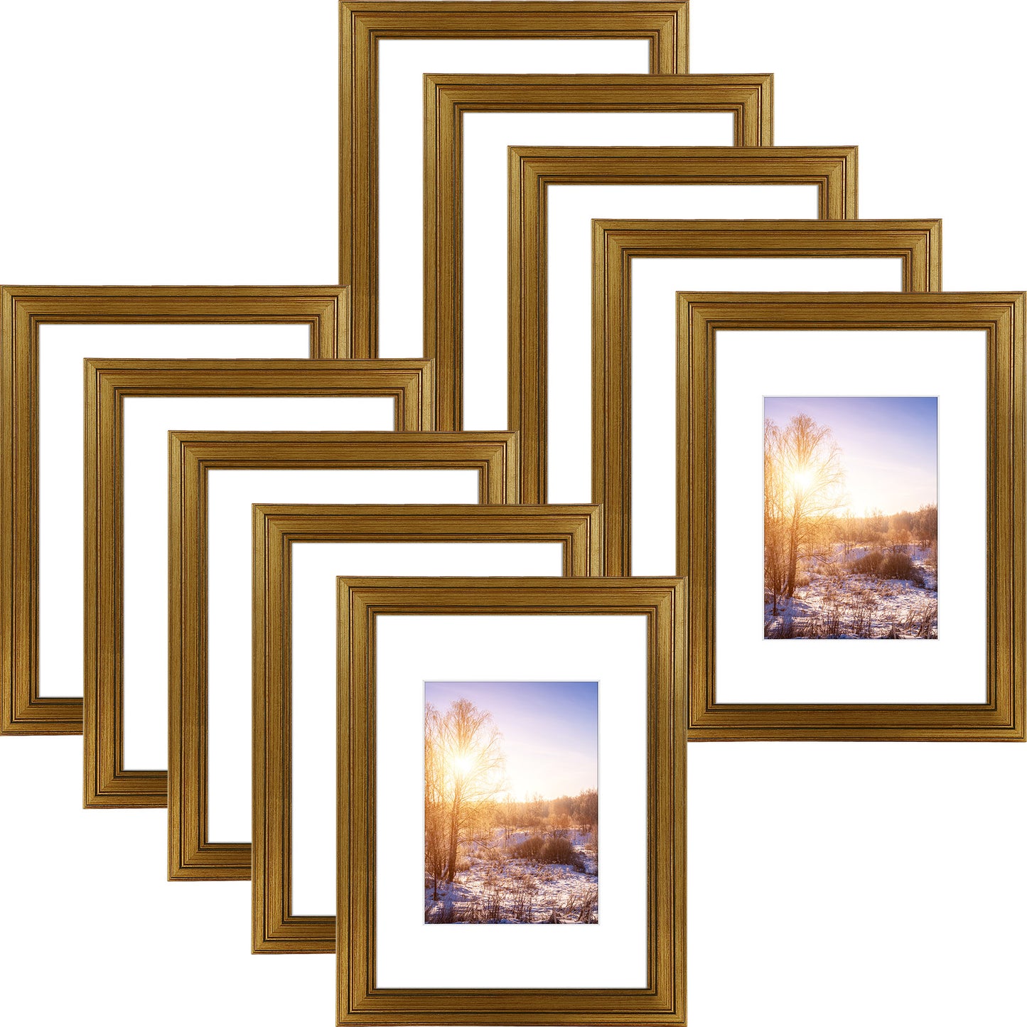 9x12 Picture Frame for 6x8 Picture with White Mat and Real Glass Dark Gold Color (10 Pcs per Box)