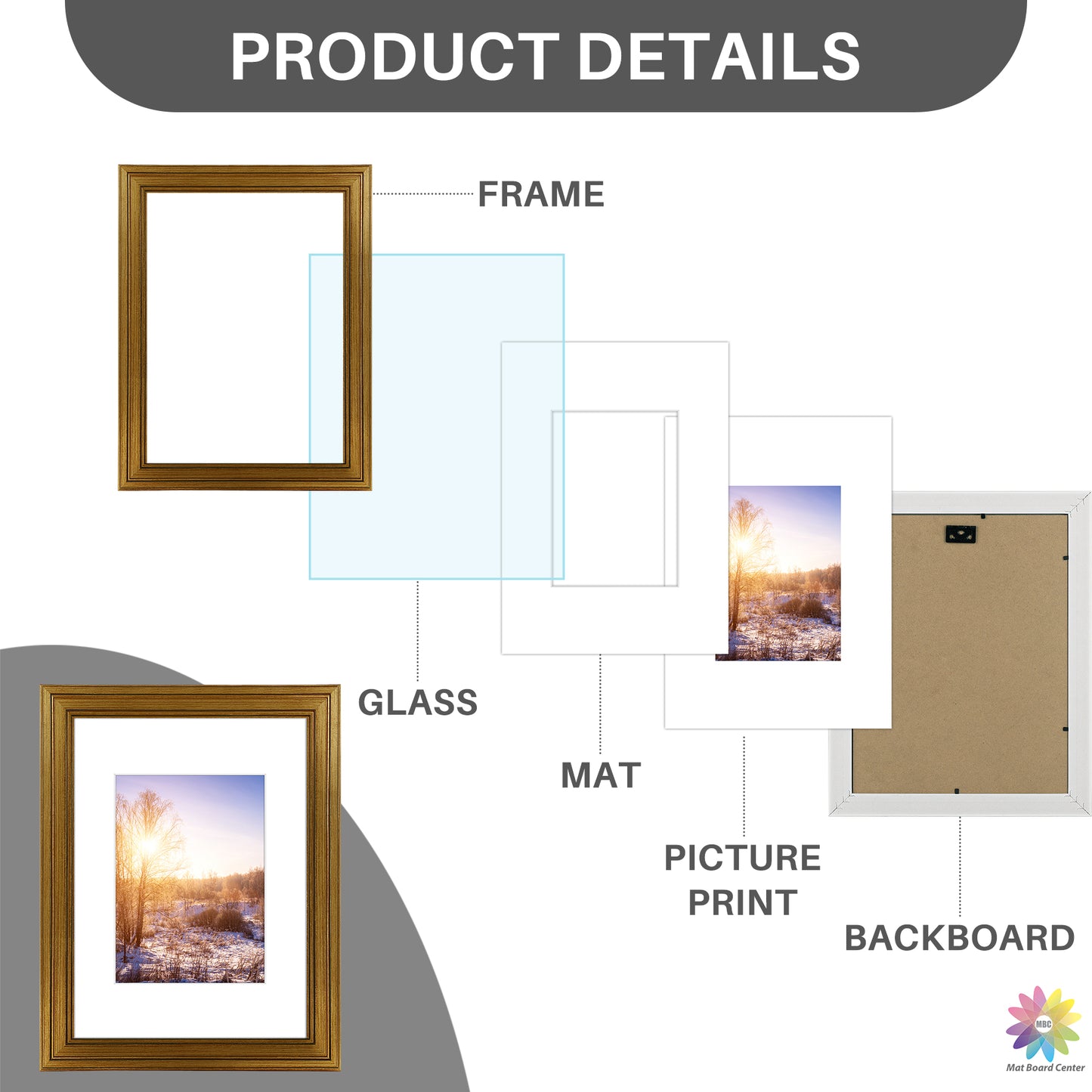 9x12 Picture Frame for 6x8 Picture with White Mat and Real Glass Dark Gold Color (10 Pcs per Box)