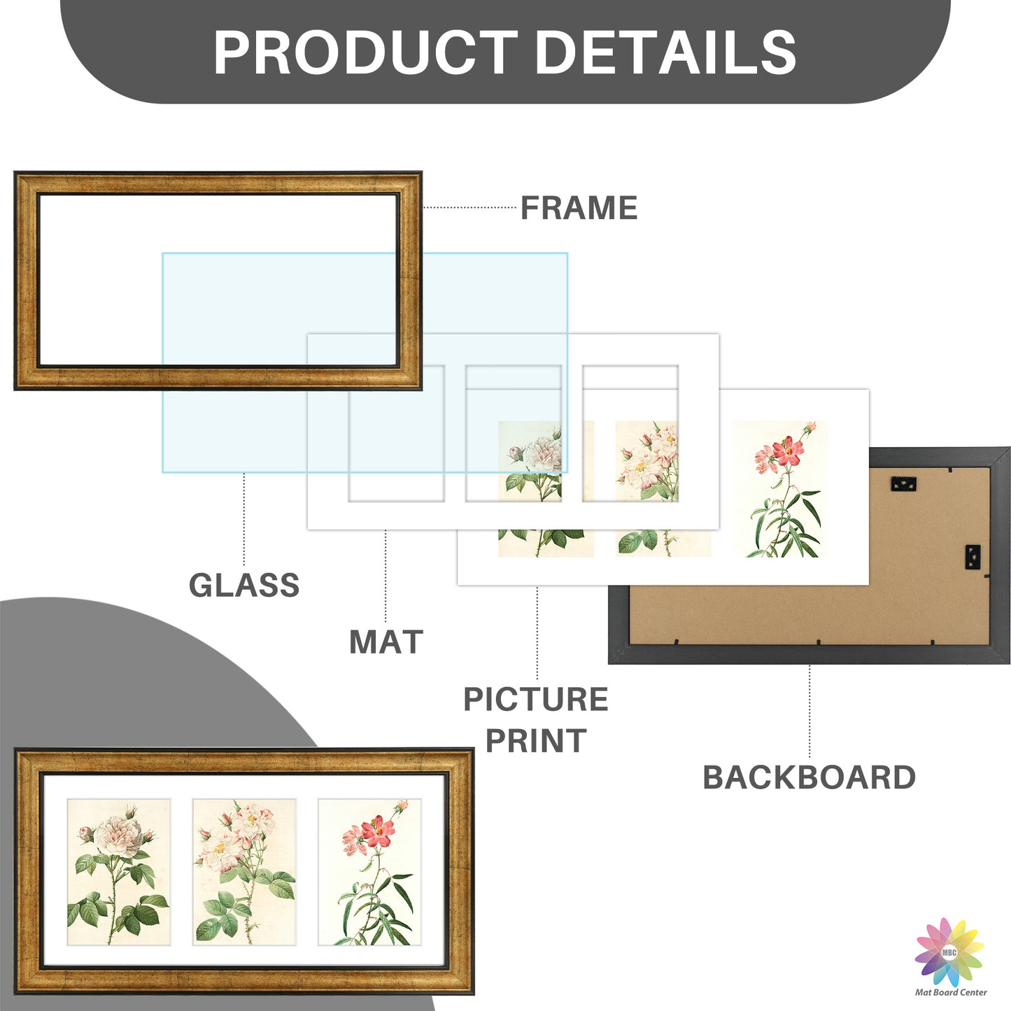 9x18 Collage Picture Frame For Three 5x7 Pictures Dark Gold-Brown Color (10 Pcs per Box)