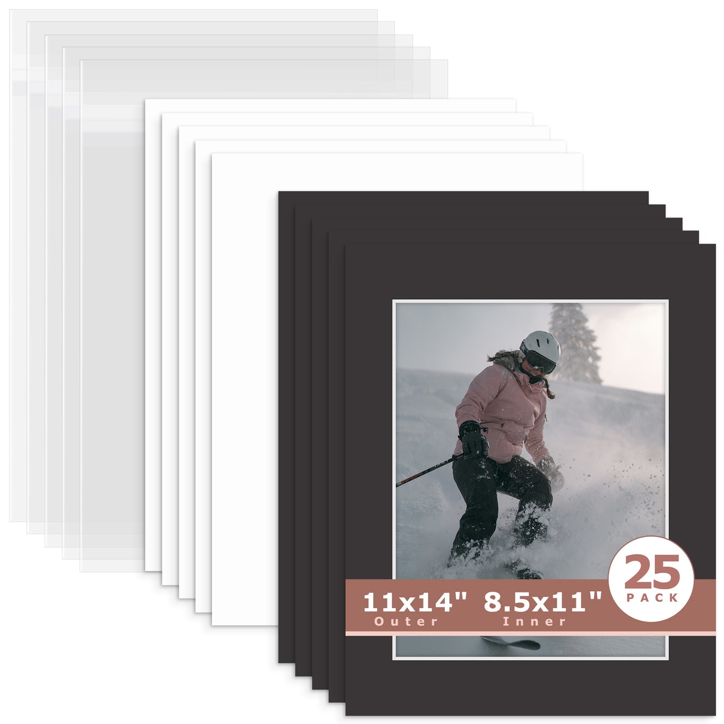 25 Pack 11x14 Whitecore Pre-Cut Mat Board + Backing + Bag 8.5x11 (8x10.5 exact opening) N142 Tricom Black