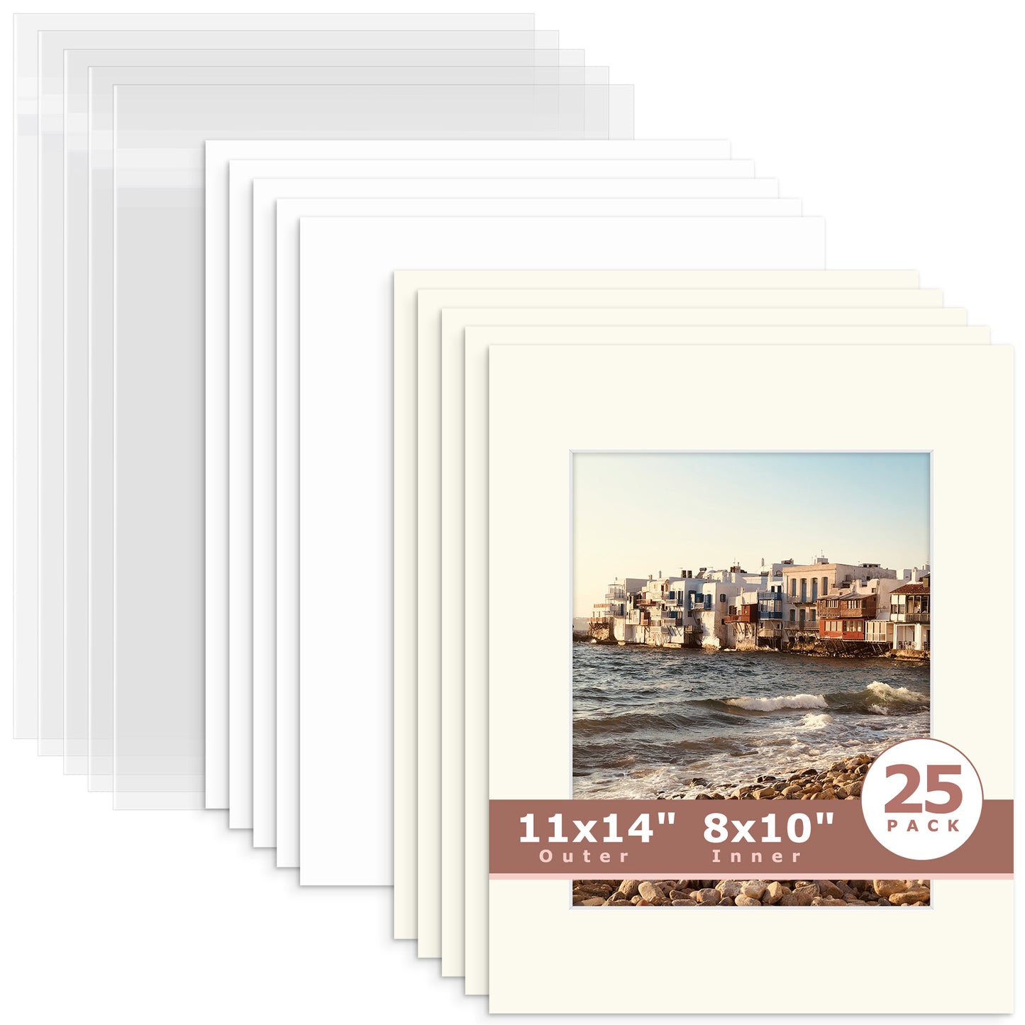 25 Pack 11x14 Whitecore Pre-Cut Mat Board + Backing + Bag 8x10 (7.5x9.5 exact opening) N104 Ivory Turret
