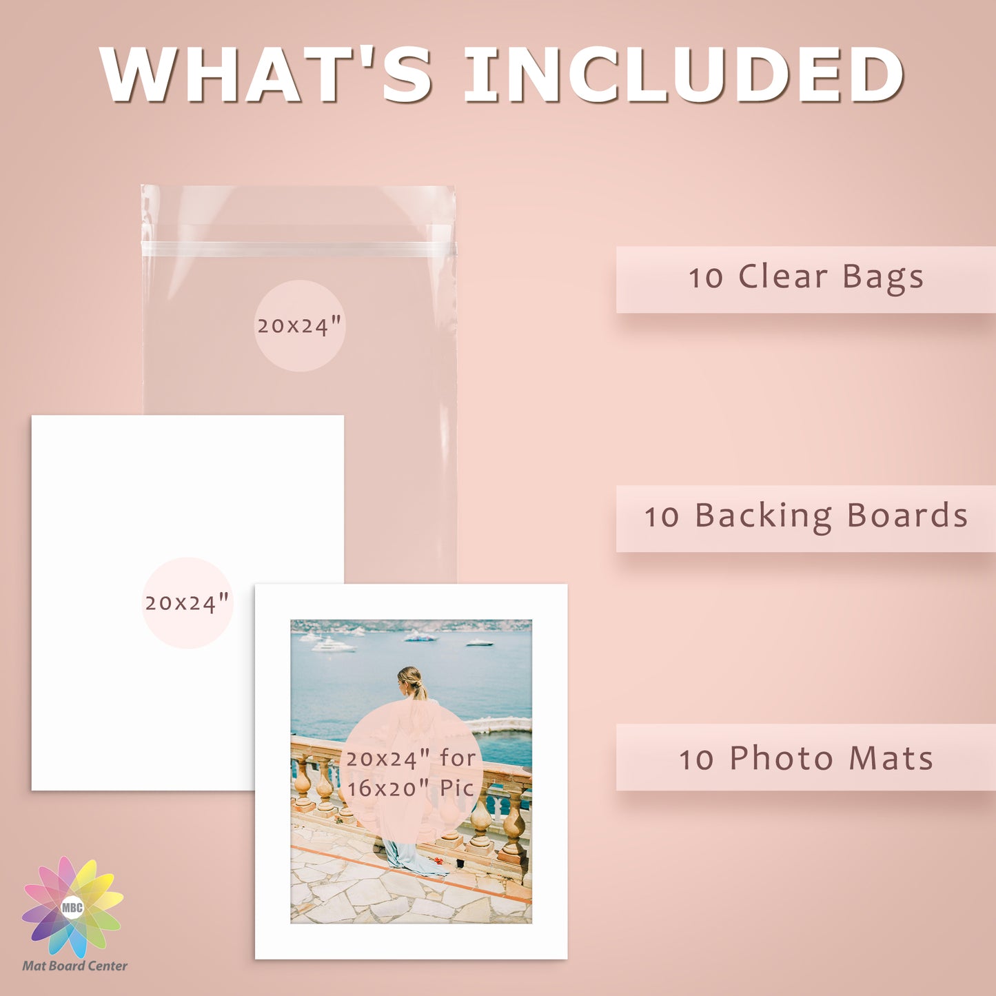 10 Pack 20x24 Whitecore Pre-Cut Mat Board for 16x20 Photo + Backing + Bag