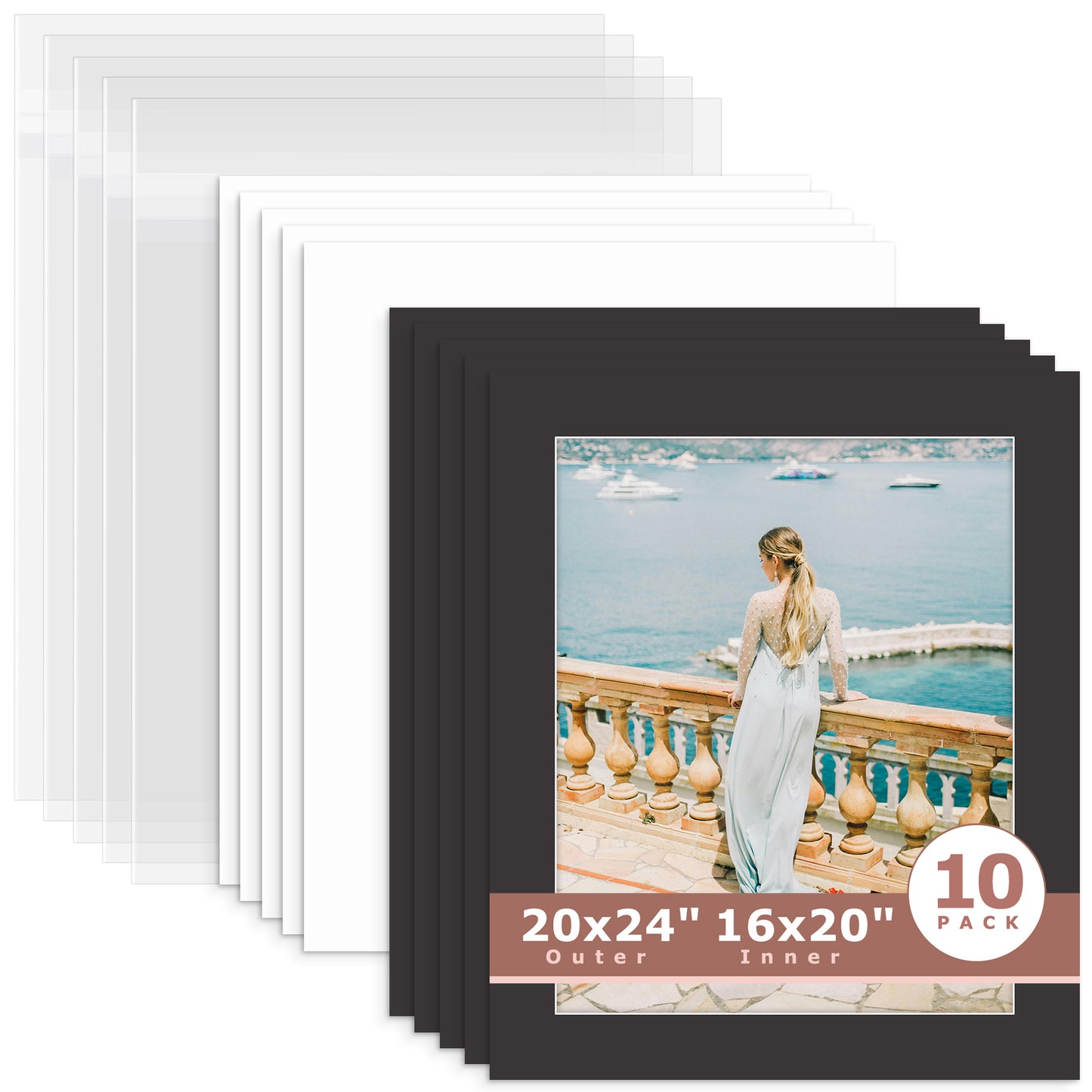 10 Pack 20x24 Whitecore Pre-Cut Mat Board for 16x20 Photo + Backing + Bag N142 Black