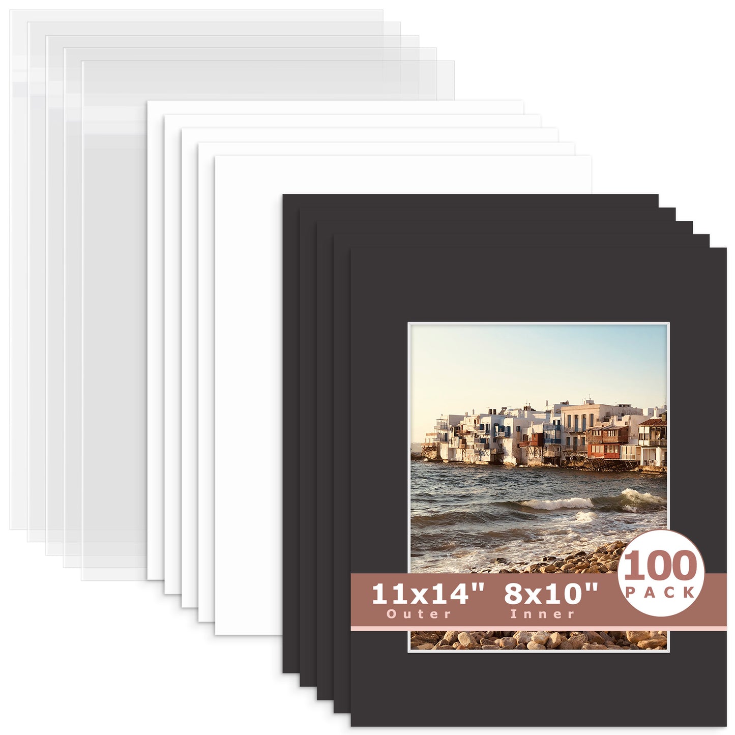 100 Pack 11x14 Whitecore Pre-Cut Mat Board + Backing + Bag 8x10 (7.5x9.5 exact opening) N142 Tricom Black