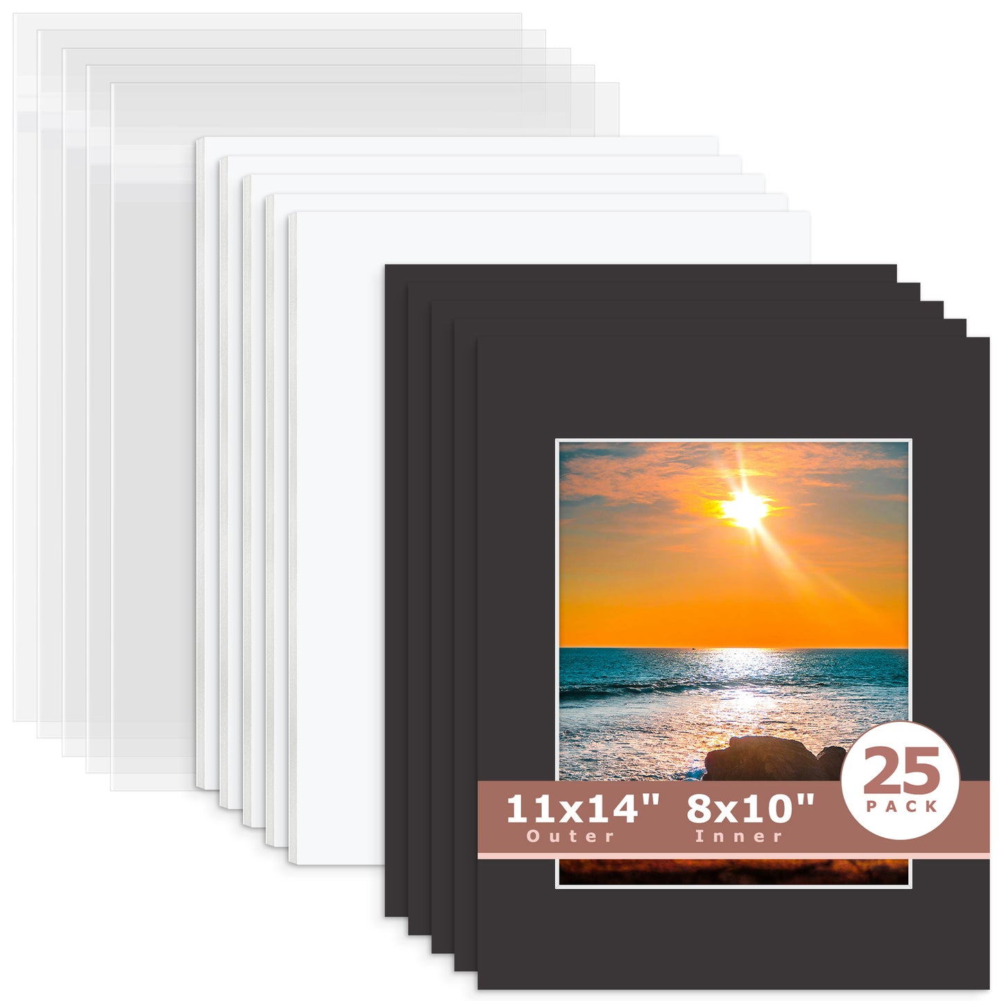 25 Pack 11x14 Whitecore Pre-Cut Mat Board + White Foam Board + Bag 8x10 (7.5x9.5 exact opening) N142 Tricom Black