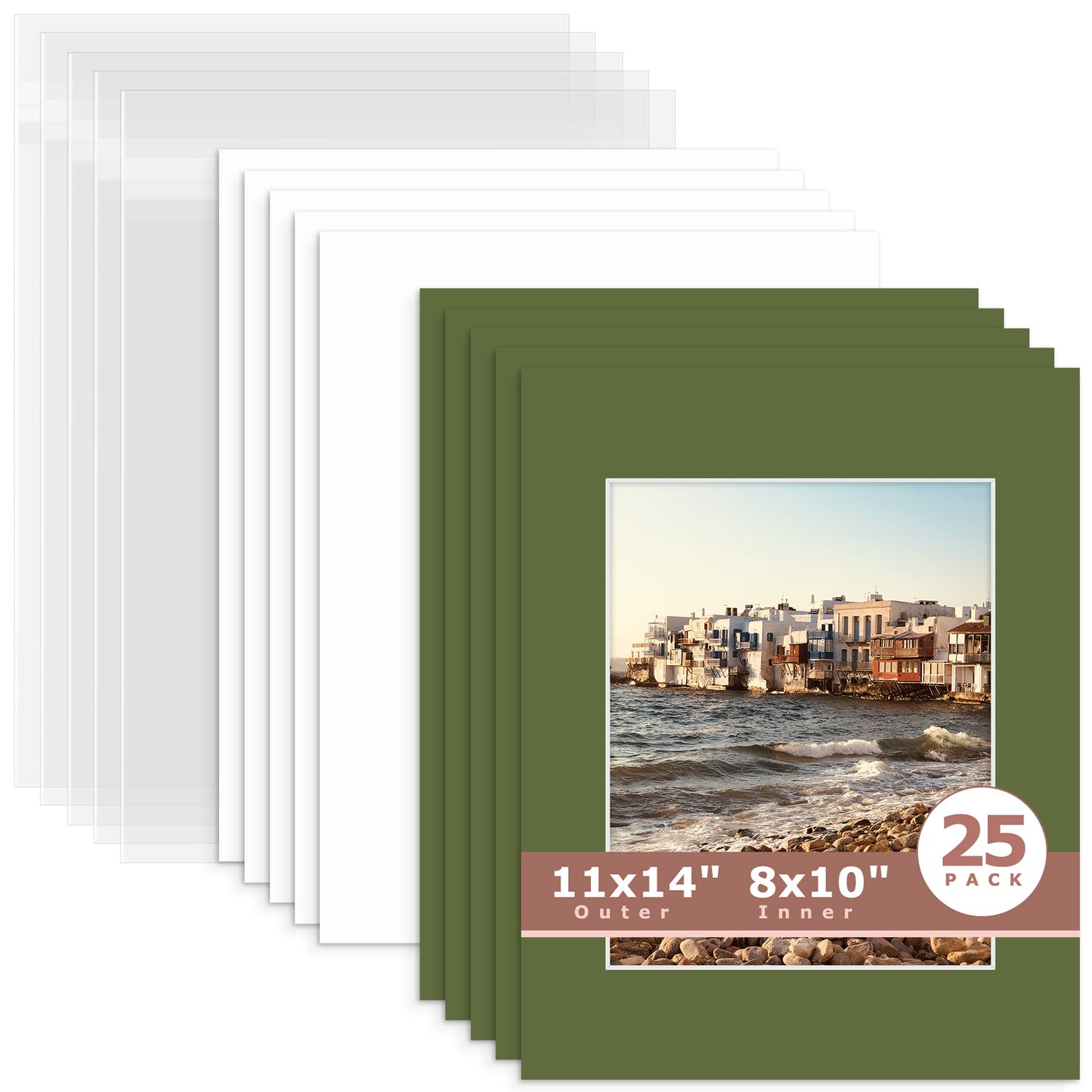 25 Pack 11x14 Whitecore Pre-Cut Mat Board + Backing + Bag 8x10 (7.5x9.5 exact opening) N134 Rock Garden