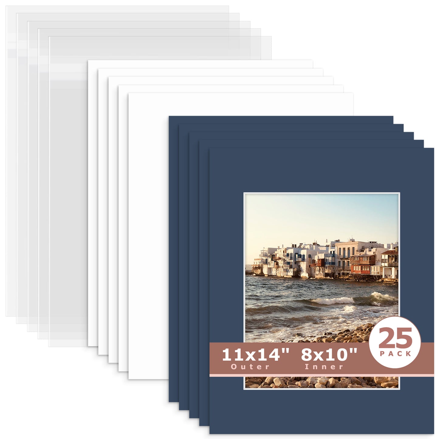 25 Pack 11x14 Whitecore Pre-Cut Mat Board + Backing + Bag 8x10 (7.5x9.5 exact opening) N141 Dignity Blue