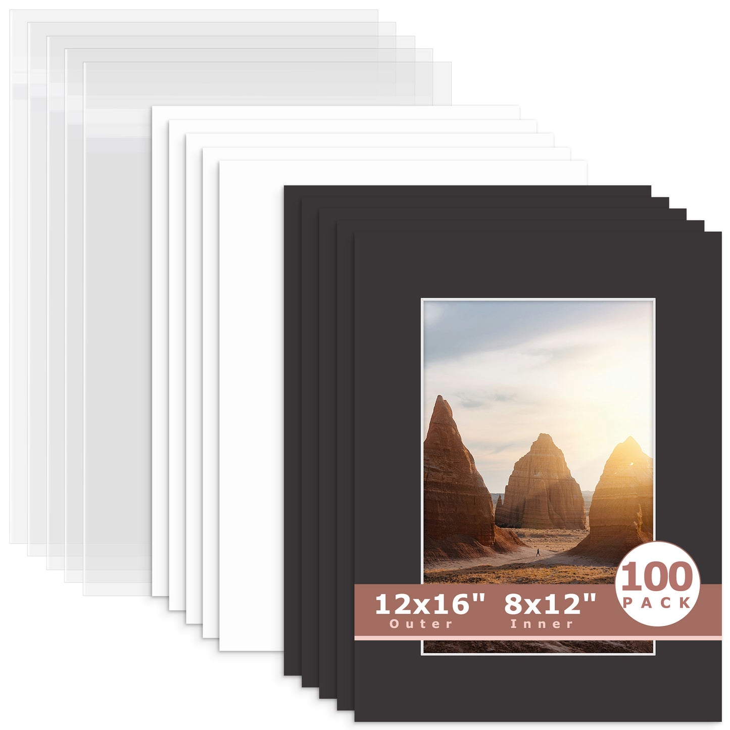 100 Pack 12x16 Picture Mats For 8x12 Photos + Backing + Bag N142 Black
