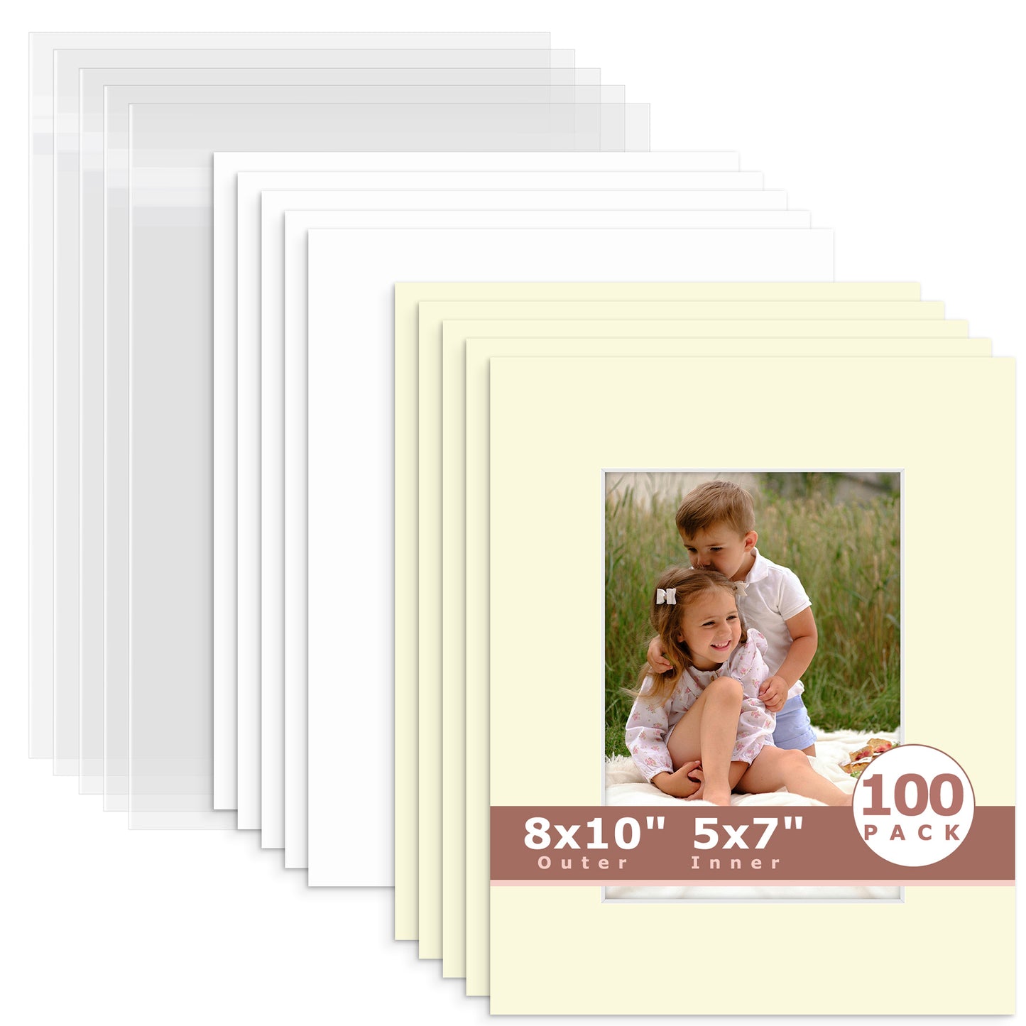 100 Pack 8x10 Whitecore Economy Pre-Cut Mat Board + Backing + Bag 5x7 (4.5x6.5 exact opening) N105 Ivory