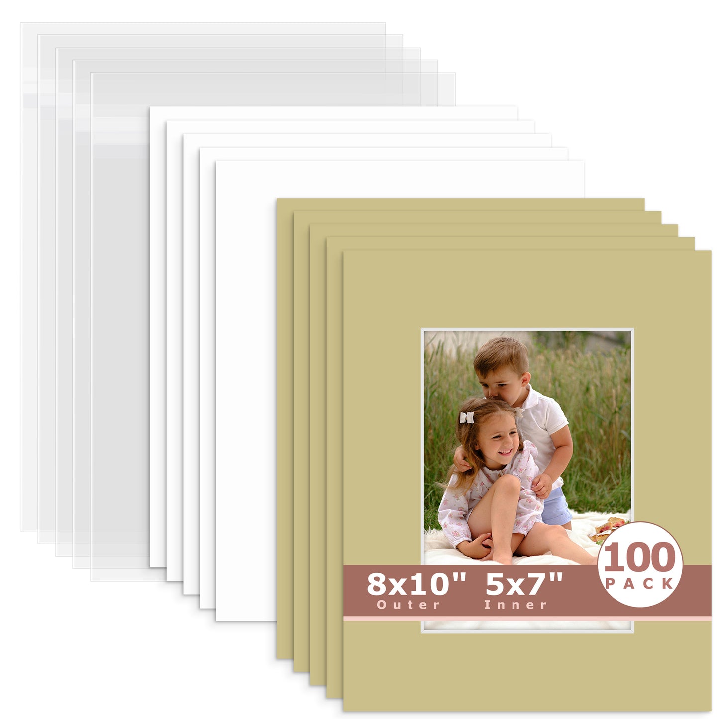 100 Pack 8x10 Whitecore Economy Pre-Cut Mat Board + Backing + Bag 5x7 (4.5x6.5 exact opening) N126 Mexican Stone