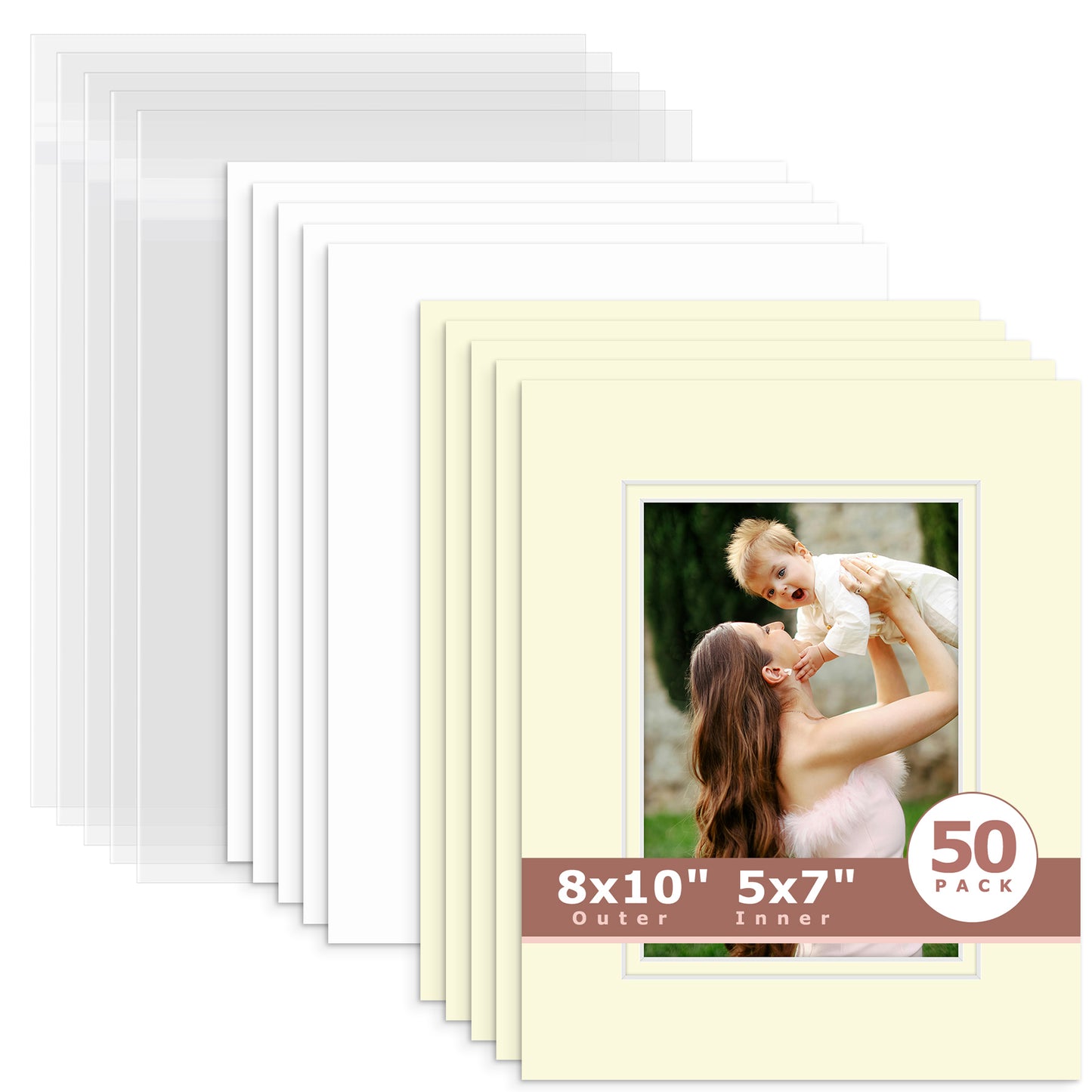 50 Pack 8x10 Double Mat For 5x7 Photos + Backing + Bag Ivory Ivory