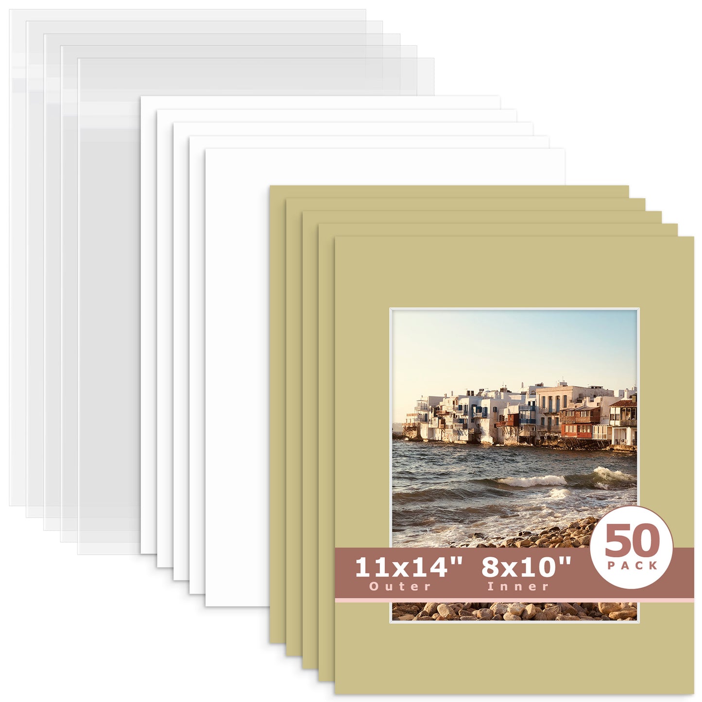 50 Pack 11x14 Whitecore Pre-Cut Mat Board + Backing + Bag 8x10 (7.5x9.5 exact opening) N126 Mexican Stone