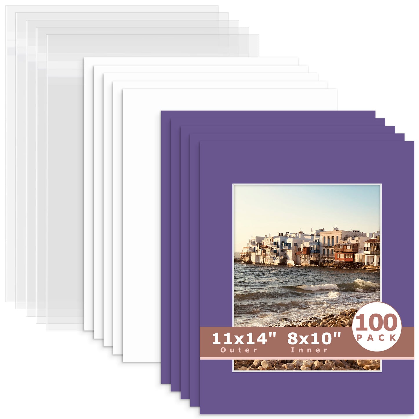 100 Pack 11x14 Whitecore Pre-Cut Mat Board + Backing + Bag 8x10 (7.5x9.5 exact opening) N122 African Violet