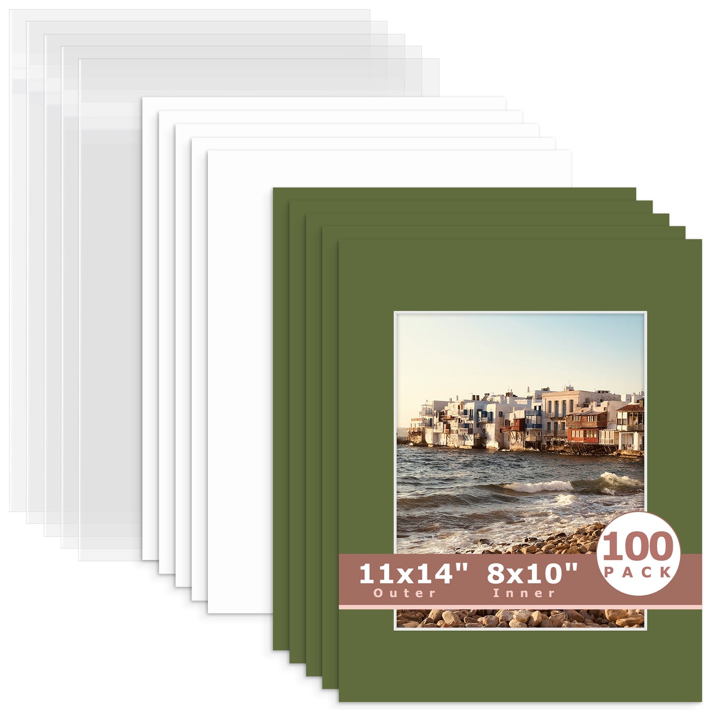 100 Pack 11x14 Whitecore Pre-Cut Mat Board + Backing + Bag 8x10 (7.5x9.5 exact opening) N134 Rock Garden