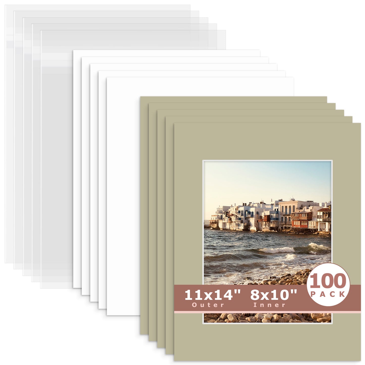 100 Pack 11x14 Whitecore Pre-Cut Mat Board + Backing + Bag 8x10 (7.5x9.5 exact opening) N154 Middle Gray